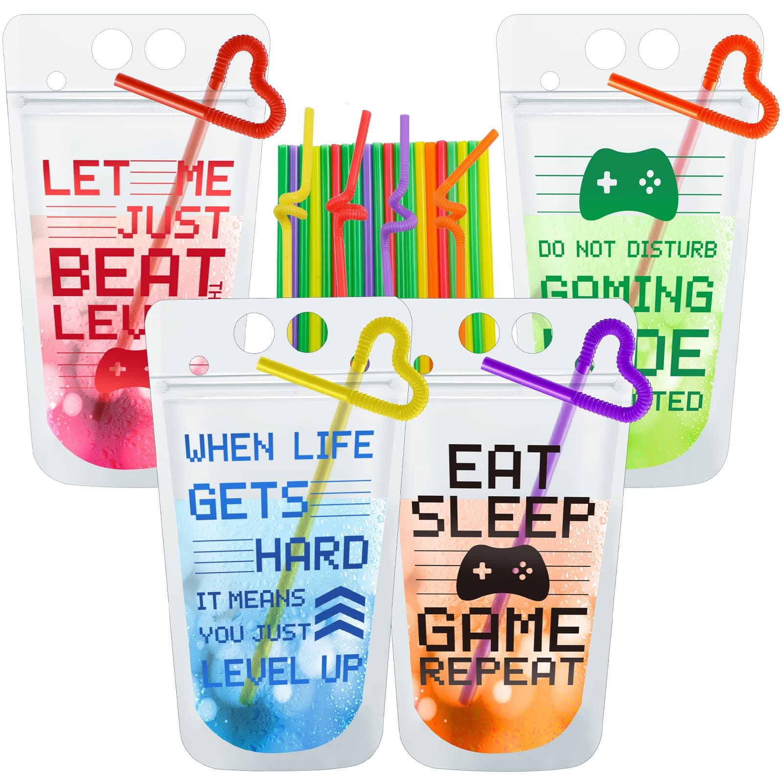 24 Pcs Video Game Party Favors Cups Video Gaming Themed Plastic Drink Pouches with Straws Clear Zipper Bags Reusable Pouches for Birthday Decor Party Favors Gift Prizes (Red/blue/green/orange)