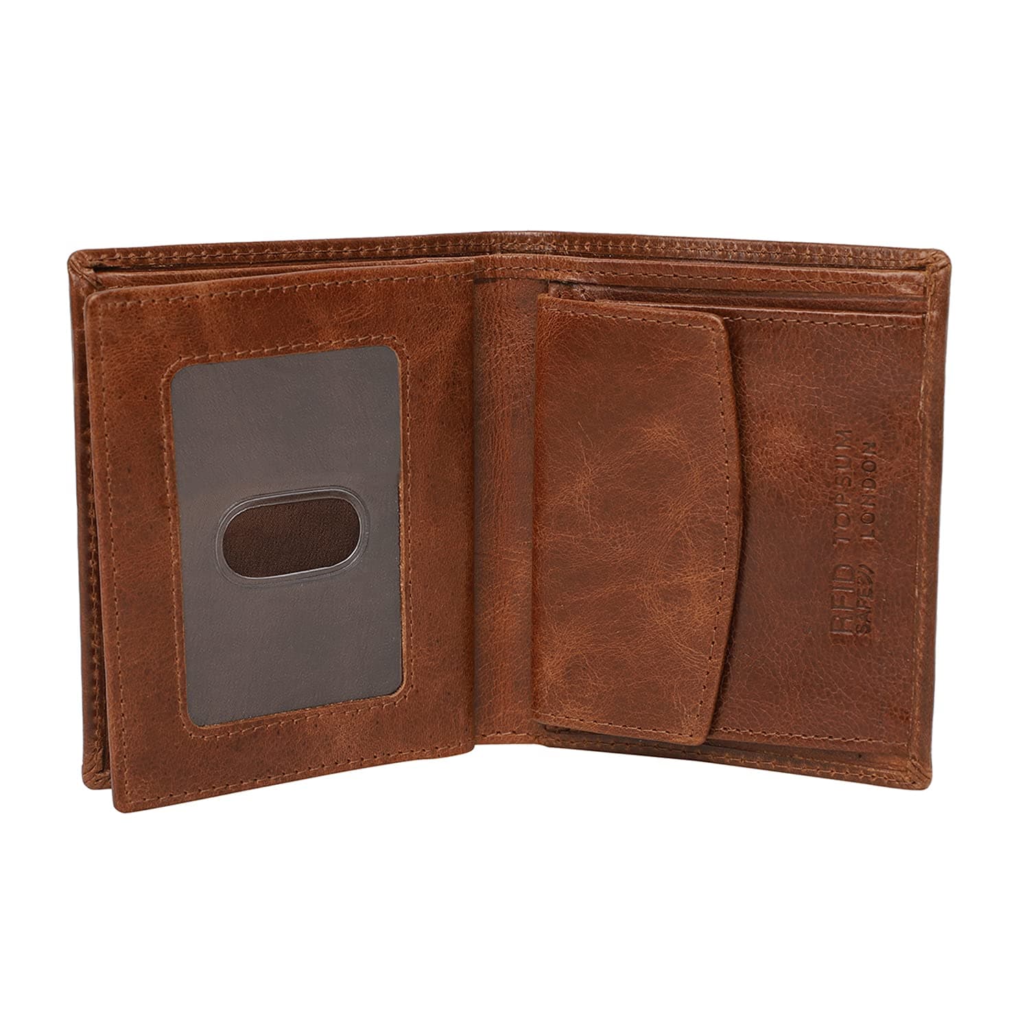 TOPSUM LONDON Mens RFID Blocking Real Distressed Leather Trifold Id and Coin Pocket Wallet for Men 4020 Tan