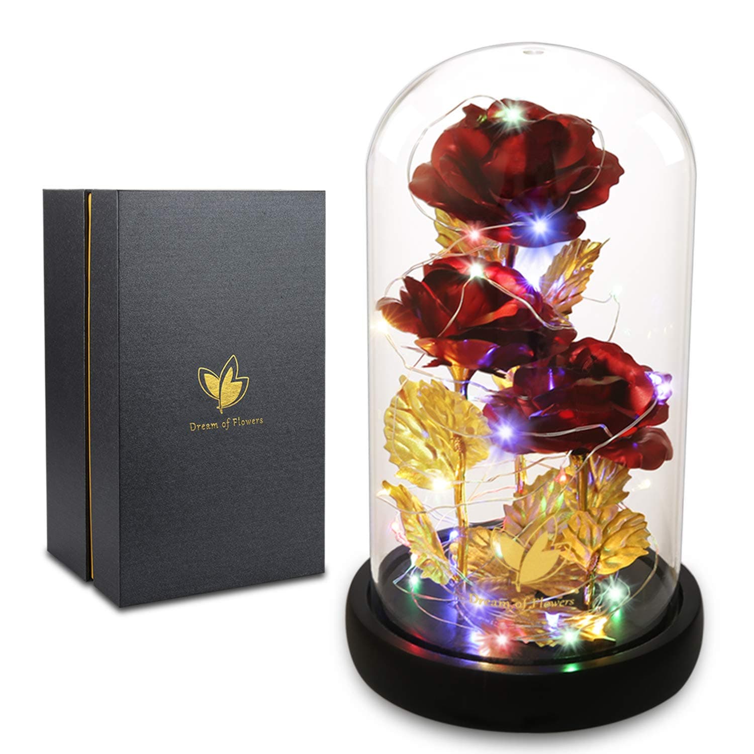 Dream of Flowers Galaxy Rose Artificial Rose, Colorful Gold Foil Rose Enchanted Red Rose, Beauty and The Beast Rose in Glass Dome with Lights for Home Decor Unique Gifts for Women (Red)