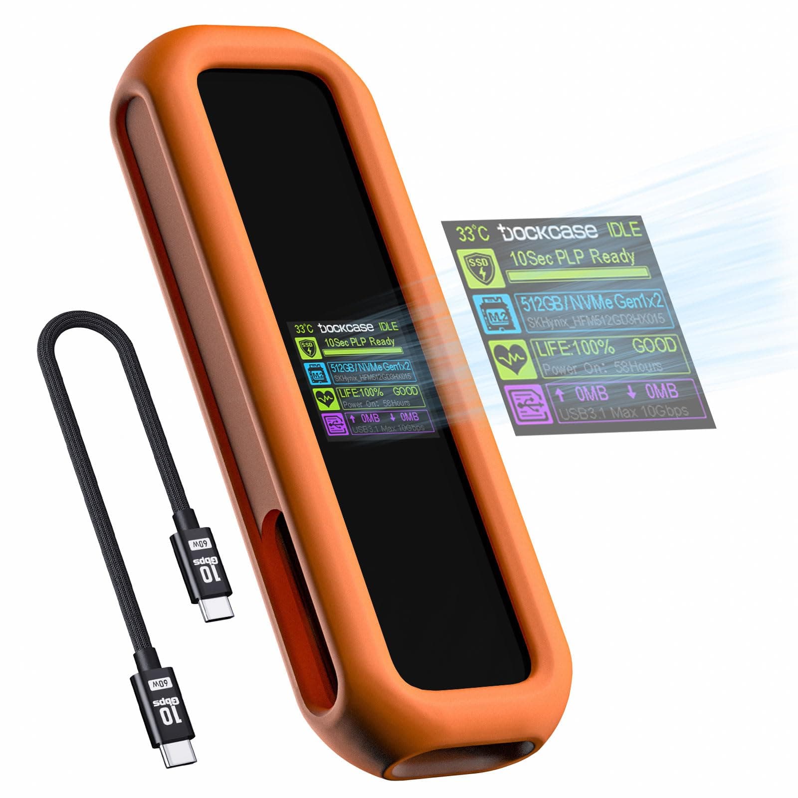 DOCKCASE Smart M.2 NVMe Enclosure 10s Power Loss Protection, Disk Life Detection with Silicone Case, M2 SSD Enclosure USB 3.2 Gen 2 10Gbps for 2230/2242/2260/2280 M.2 NVMe SSD of M-Key or M+B Key