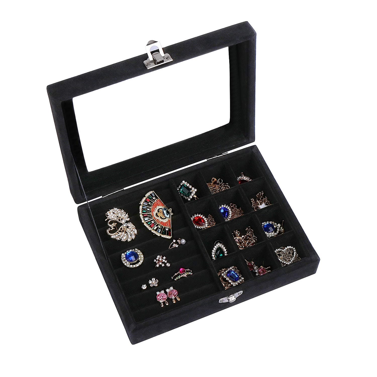 STYLIFING 2 in 1 Velvet Jewelry Tray 12 Grids 7 Slots, Ring Earring Organizer Holder Stackable Jewelry Display Case for Women(Black)