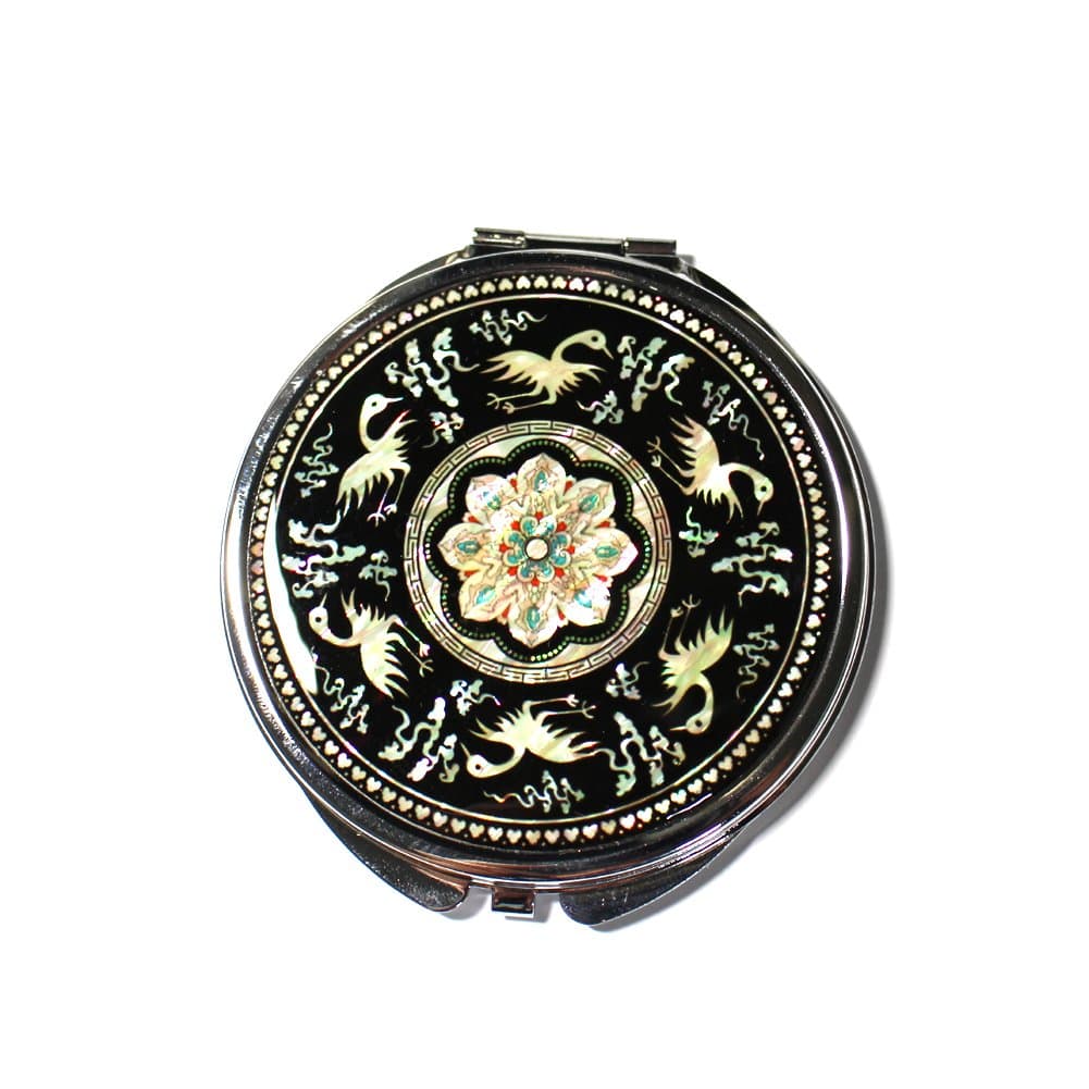 Mother of Pearl Cranes and Flowers Design Double Magnifying Compact Cosmetic Makeup Hand Mirror Lacquerware,Made in Korea
