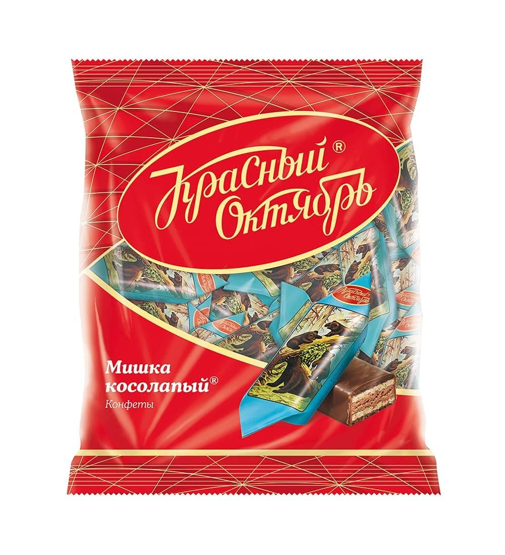 Chocolate Candies Mishka Kosolapy Toed Clumsy Bear 200g/7.05oz Nutty Paste with Wafers and Chocolate Glaze in Individual Wraps Gourmet Imported Russian Candy Sweets Bars UNICONF Krasnyi Oktyabr