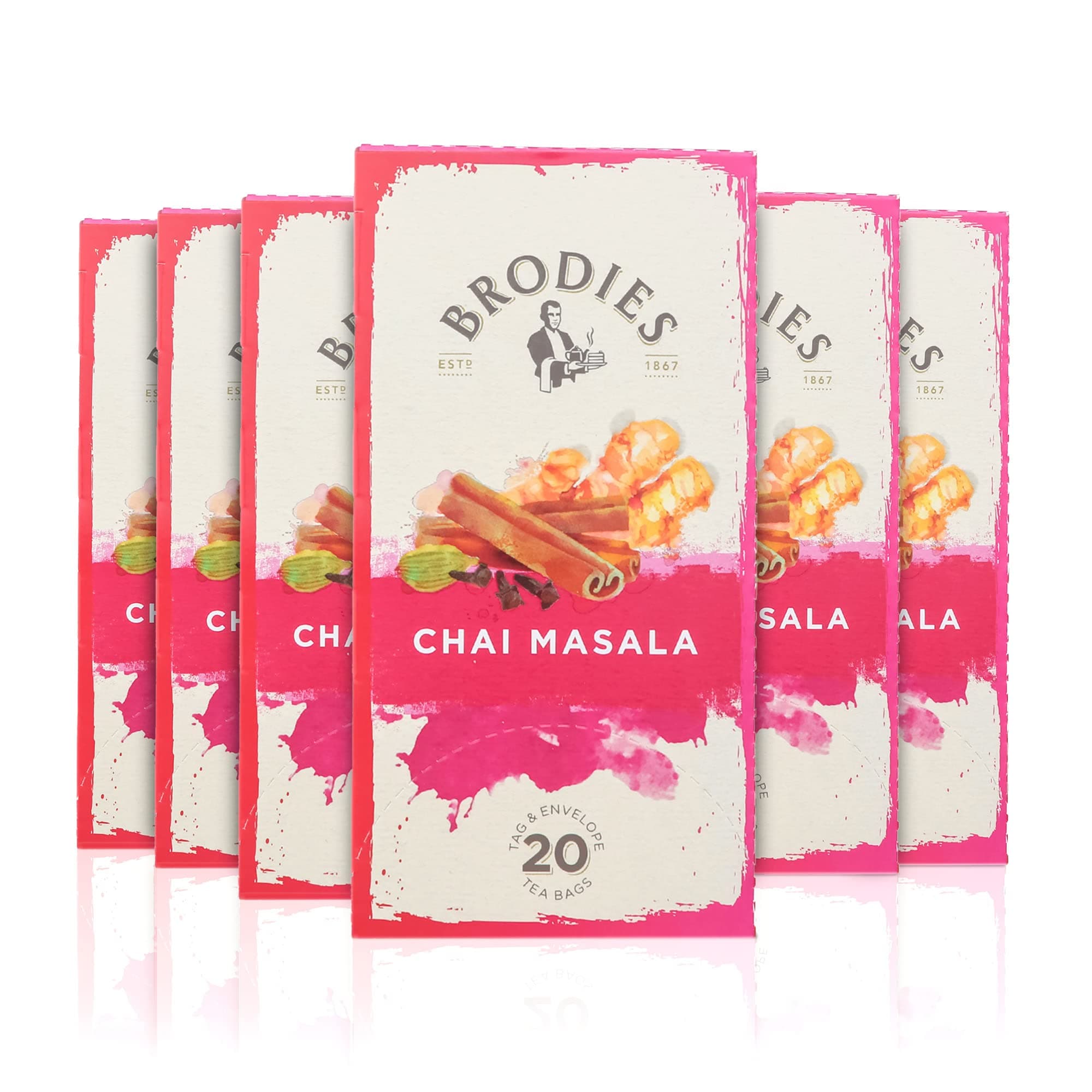 – Brodies Chai Masala Tea Tag and Envelope - 6 Tea Boxes of 20 Tea Bags each (120 Tea Bags) - Classic Indian Black Tea blended with Spices for a rich flavour and aroma