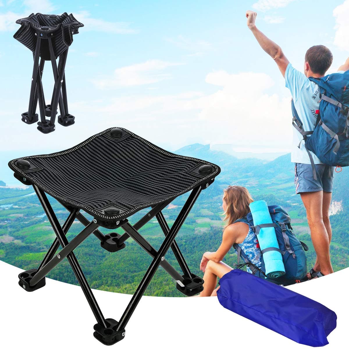 aingycyFolding Portable Camping Stool Mini Lightweight Sturdy Collapsible Chair for Camping, Fishing, Hiking, Fishing, Travel, Beach, Picnic with Portable Bag (Black-Medium)