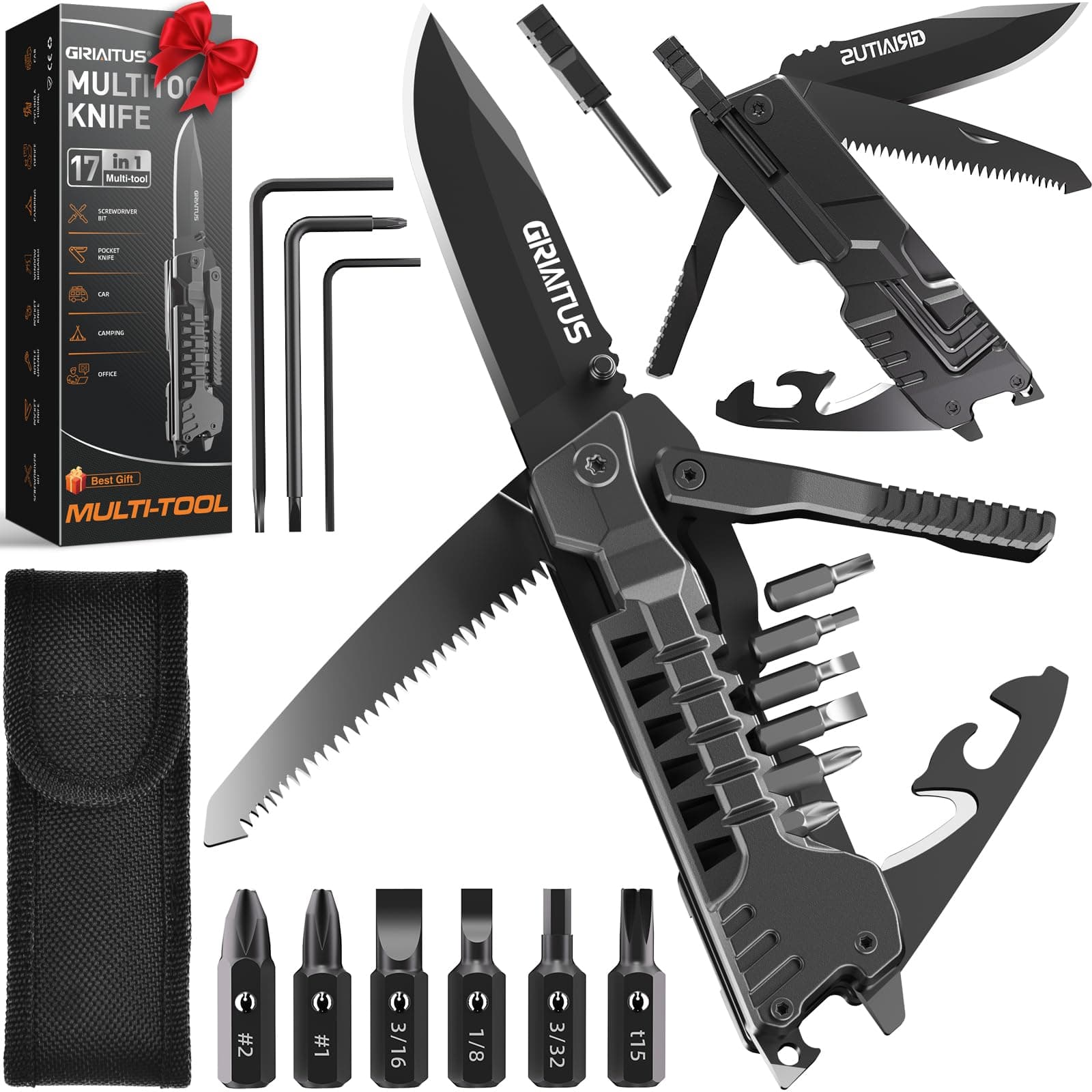 GIRIAITUS Gifts for Men, Camping Accessories Multitool Gadgets for Men, 17-in-1 Fire Starter Sticks, Saw Screwdrivers, Bottle Opener, Whistle and More - Perfect for Camping, Outdoor, Survival