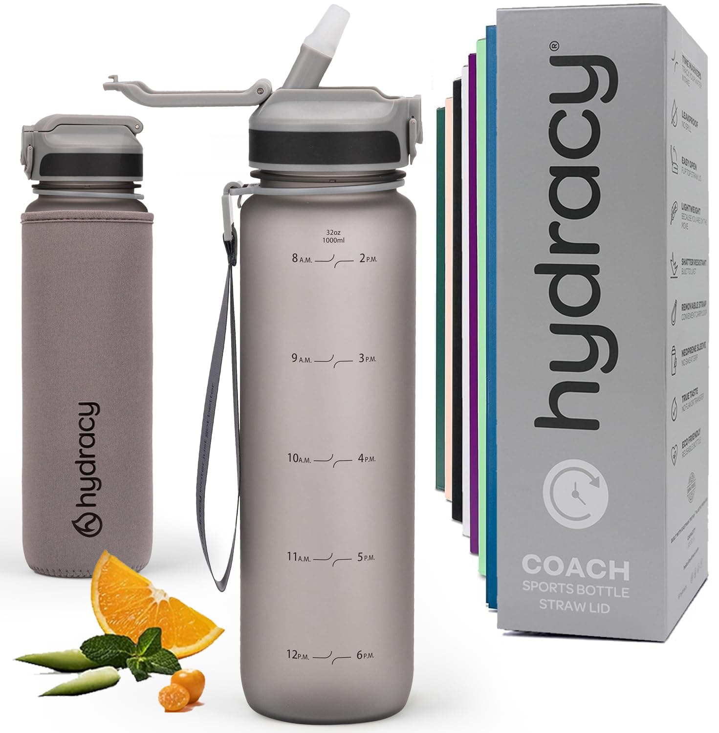 Hydracy Water Bottle with Time Marker -Large BPA Free Water Bottle & No Sweat Sleeve -Leak Proof Gym Bottle with Fruit Infuser Strainer & Times to Drink -Ideal for Fitness Sports & Outdoors