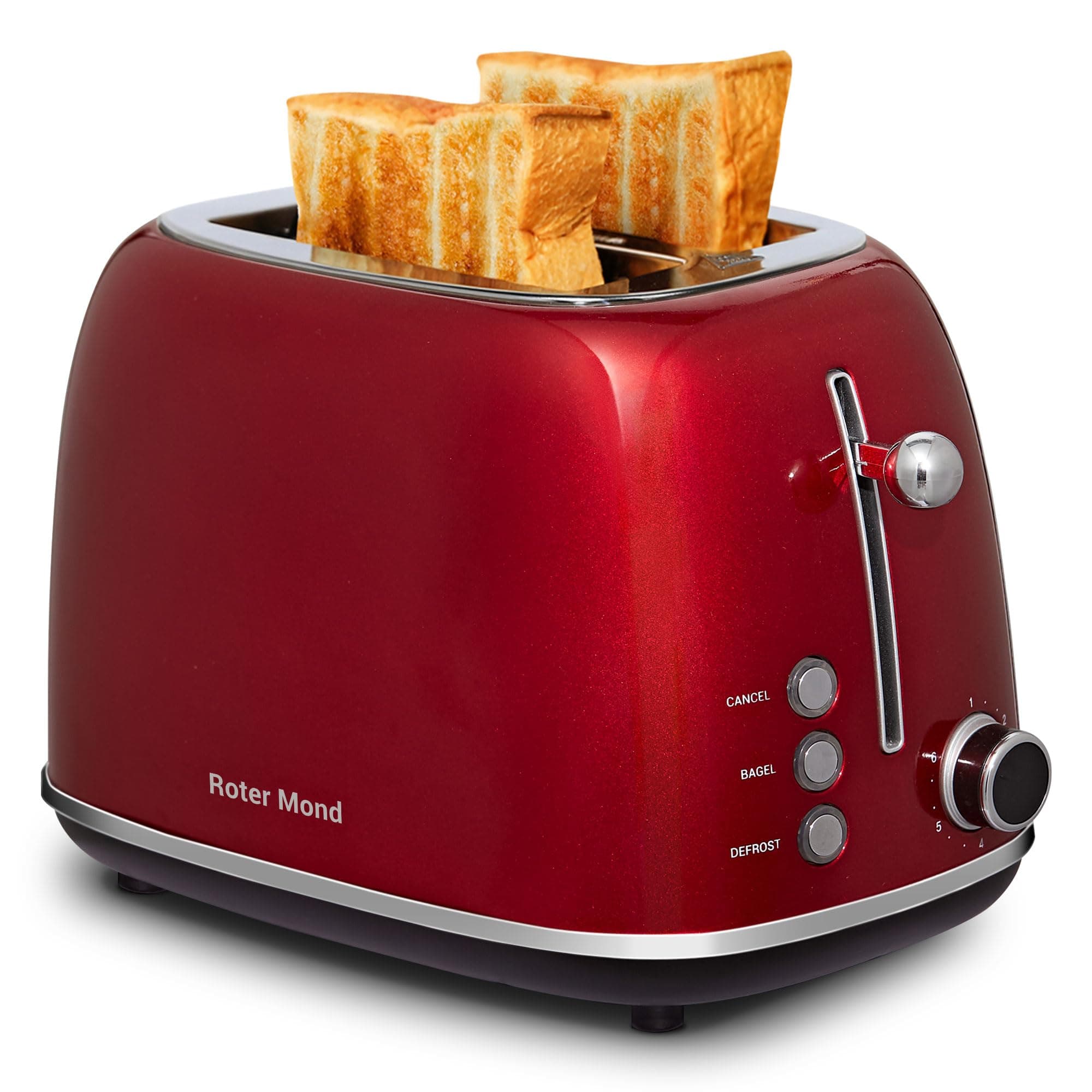 2 Slice Toaster Retro Stainless Steel with Bagel, Cancel, and Defrost Functions, 6 Bread Shade Settings, Extra Wide Slots and Removable Crumb Tray, Red
