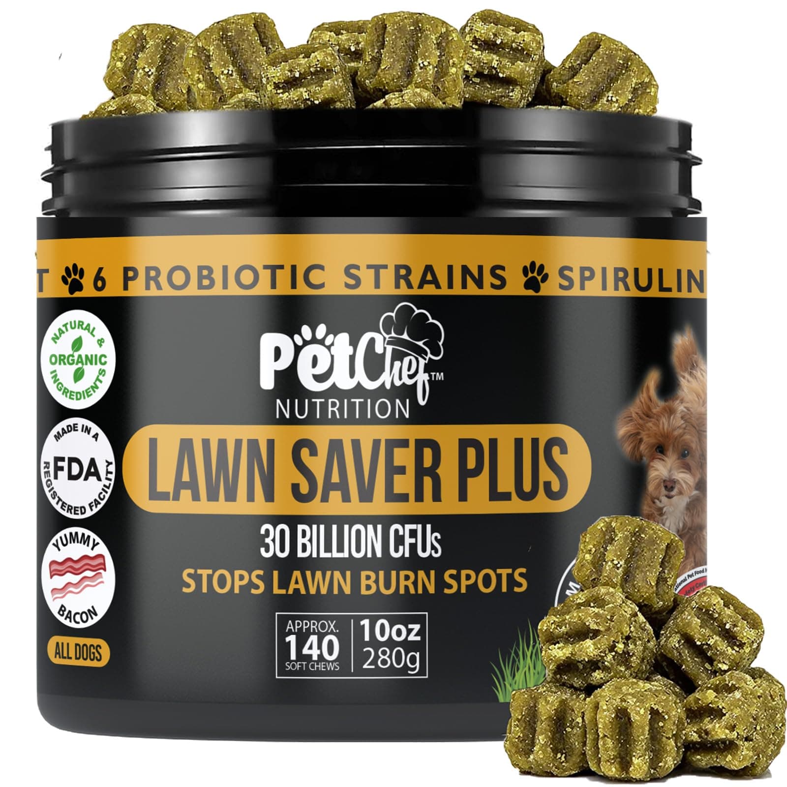Pet Chef Dog Urine Neutralizer for Lawn Grass Burn Spot Saver Soft Chews Helps Reduce Yellow Spots & Protect Yard Plant-Safe Lawn Support Supplement 140 Chews Vegan Bacon