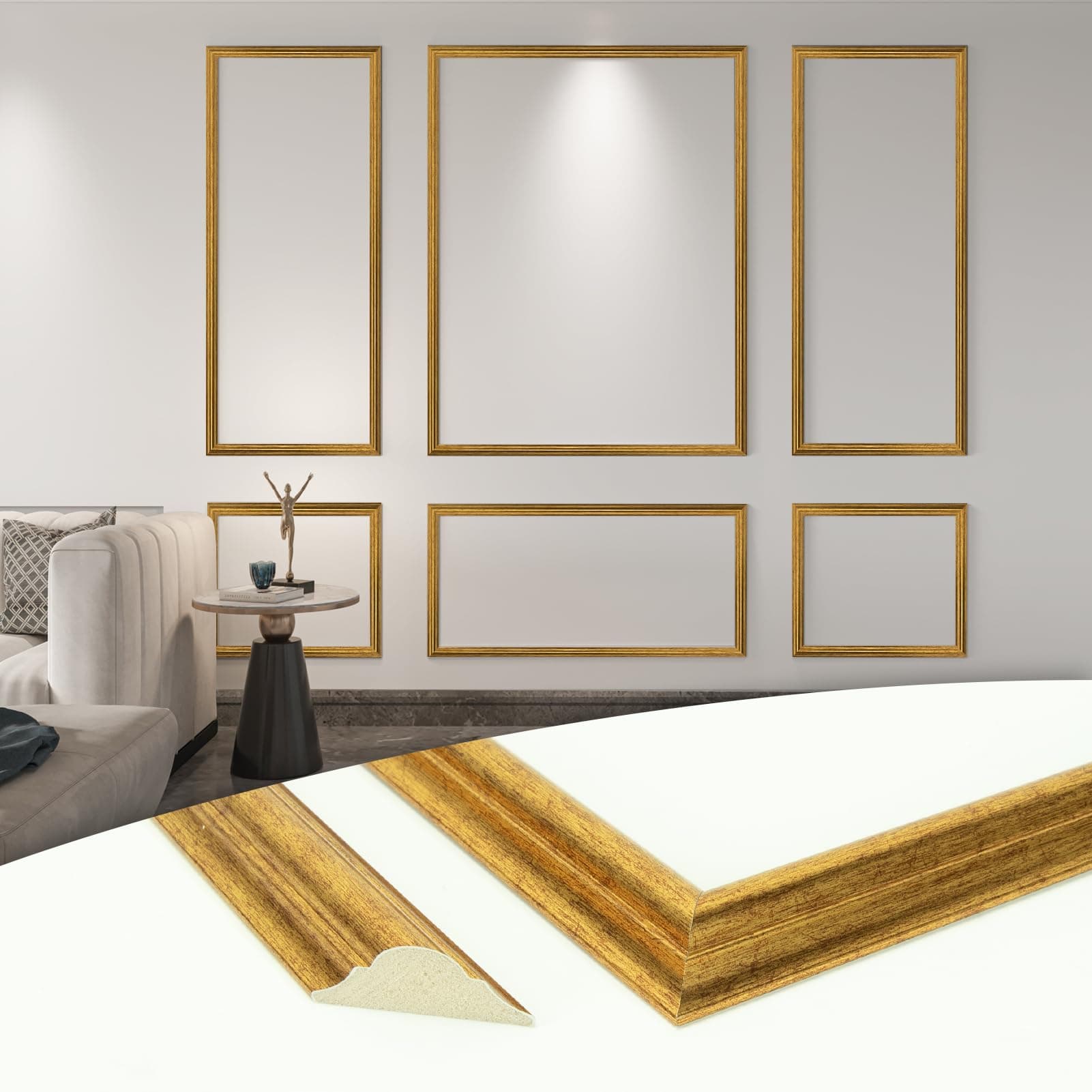 Art3d Pre-Cut Wall Molding Set of 6 pcs, Ready-to-Assemble Wainscoting Panels for Interior Wall Décor Living Room Bedroom Accent Wall - Installed with Glue, 3 Top 3 Bottom, Antique Gold
