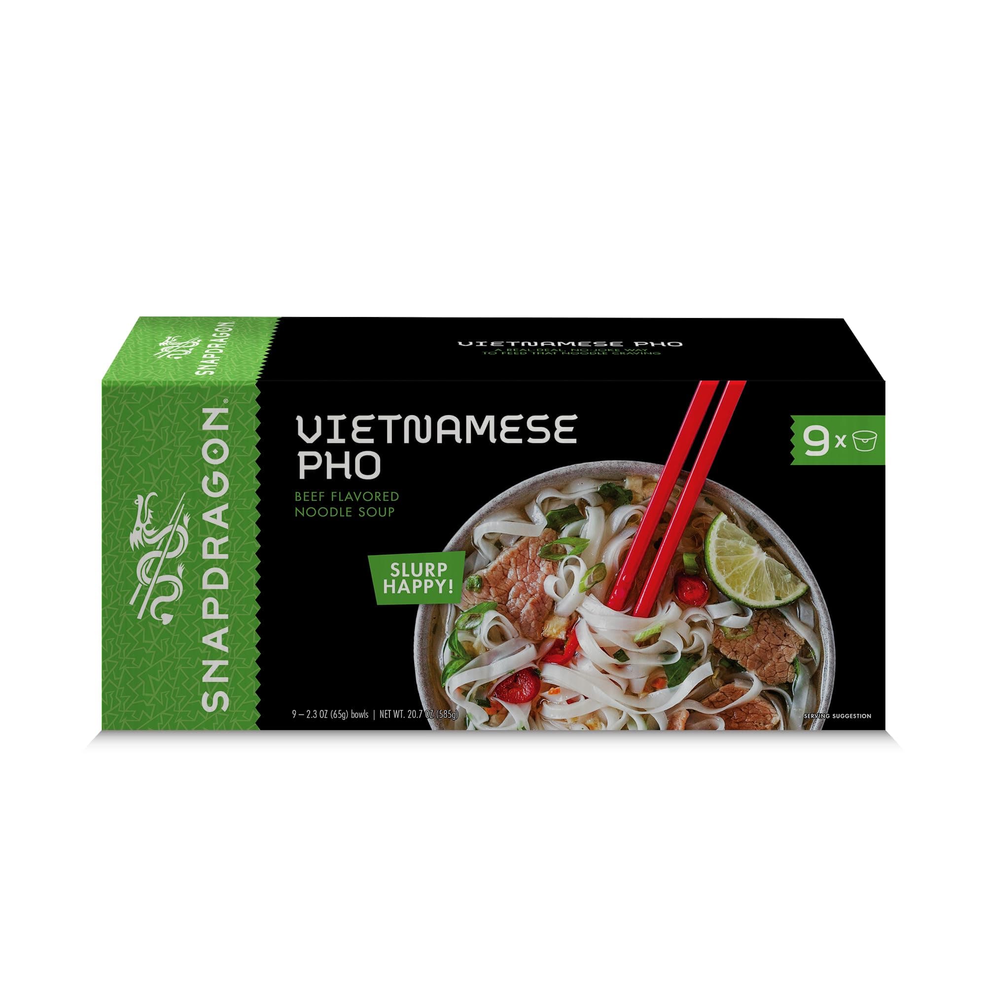 Snapdragon Bulk Pho Bowls - 9-Pack Instant Noodles with Slurpable Pho Broth and Gluten Free Rice Cup Noodles. 3-Minute Microwave or Hot Water for Quick Soup Meals or Snacks