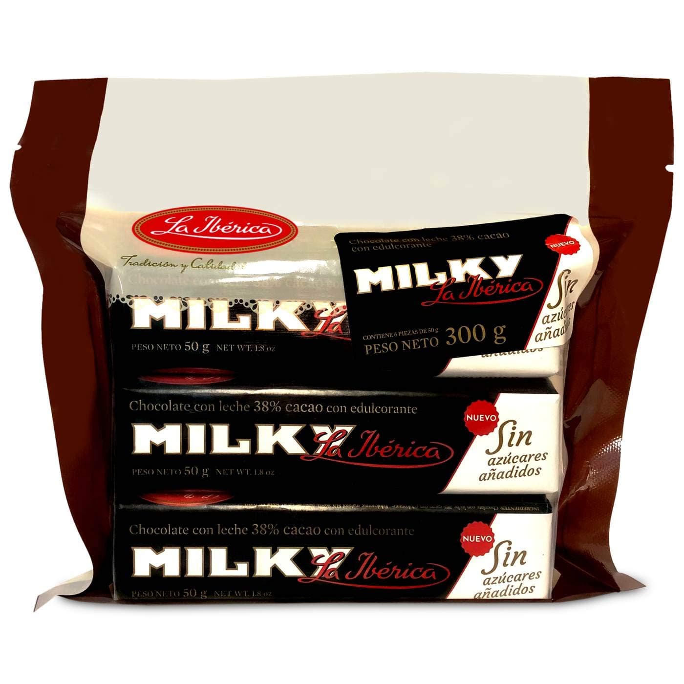 La Iberica6 Barras de Chocolate Peruano Milky sin azucar | 6 Peruvian Chocolates Bars 38% Cocoa from Peru With no Added Sugar Pack