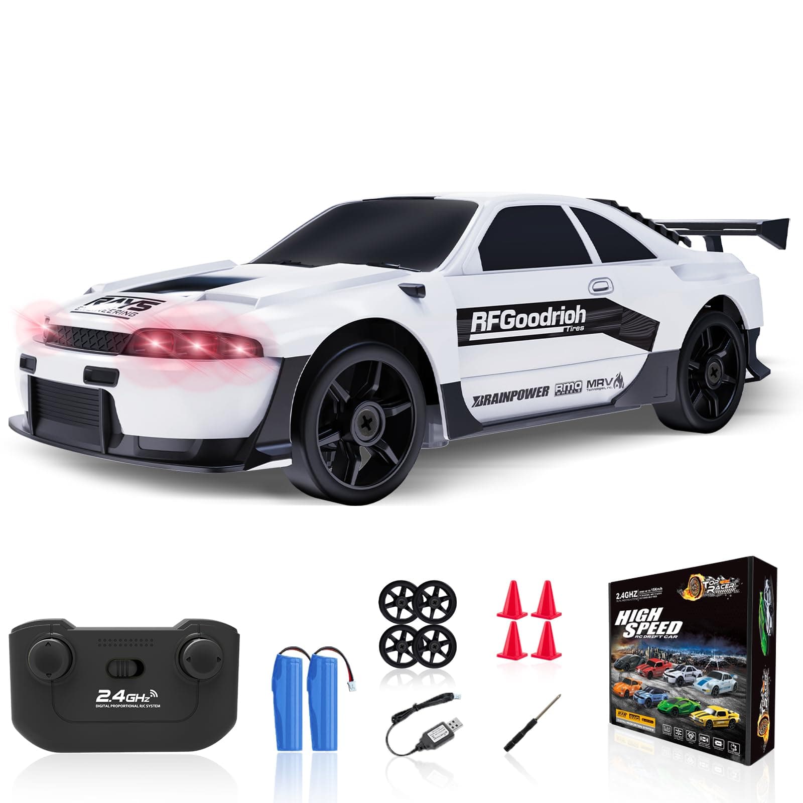 RC Drift Car, 1/24 2.4GHz Remote Control Car 4WD High Speed Drifting RC Cars with LED Light, Two Rechargeable Batteries and Drift Tires for Kids Boys Girls and Adults, White