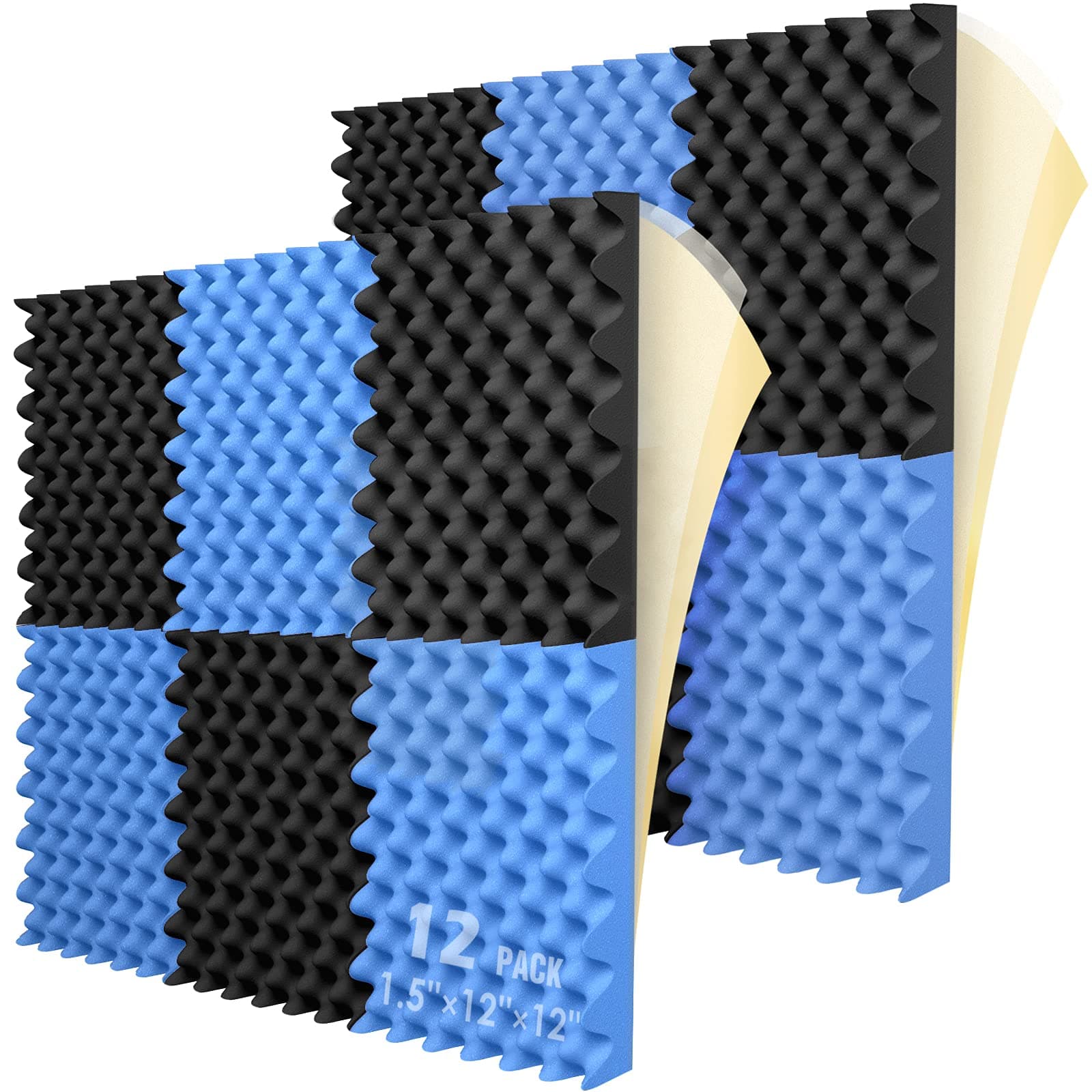 Self-adhesive Sound Proof Foam Panels 12 Pack 1.5" X 12" X 12", Sound Proofing Padding for Wall with High Density, Acoustic Foam Panels for Noise Reduction, Studio Foam for Indoor (black&blue)