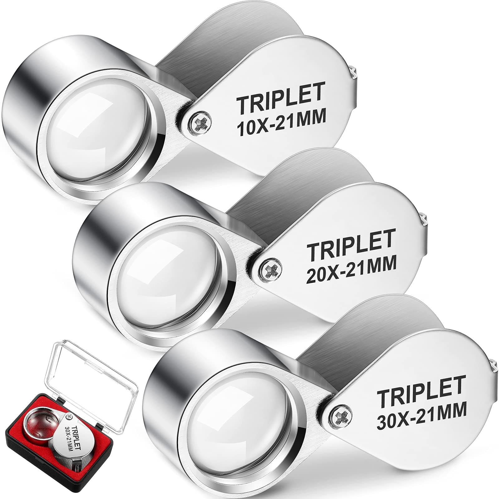 Frienda 3 Pieces Jewelers Eye Loupe Set 10X, 20X and 30X Pocket Jewelry Loupe, Jewelers Eye Magnifying Glass Magnifier for Jewelry Coins Gems Stamps Watches Supplies(Silver,Triplet Style)