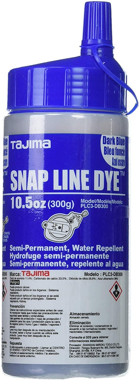 TAJIMA Marking Chalk - Blue 10.5 oz (300g) Semi Permanent Snap-Line Dye with Durable Bottle & Easy-Fill Nozzle - PLC3-DB300