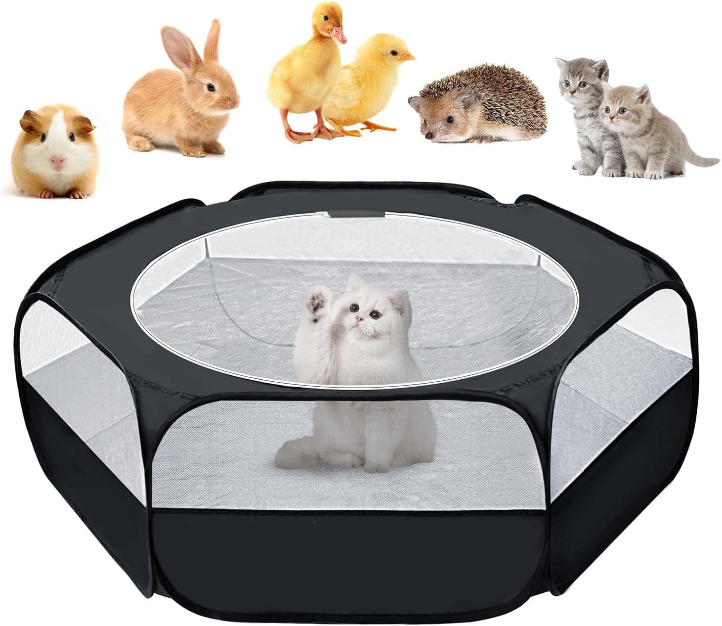 UWE Small Animal Playpen, Waterproof Pet playpen with Cover, Portable Pop Up Guinea Pig Cages Chicken Brooder Box, Easy Clean Indoor & Outdoor Play Pen for Kitten/Hamster/Ferret/Cat Enclosure, Black