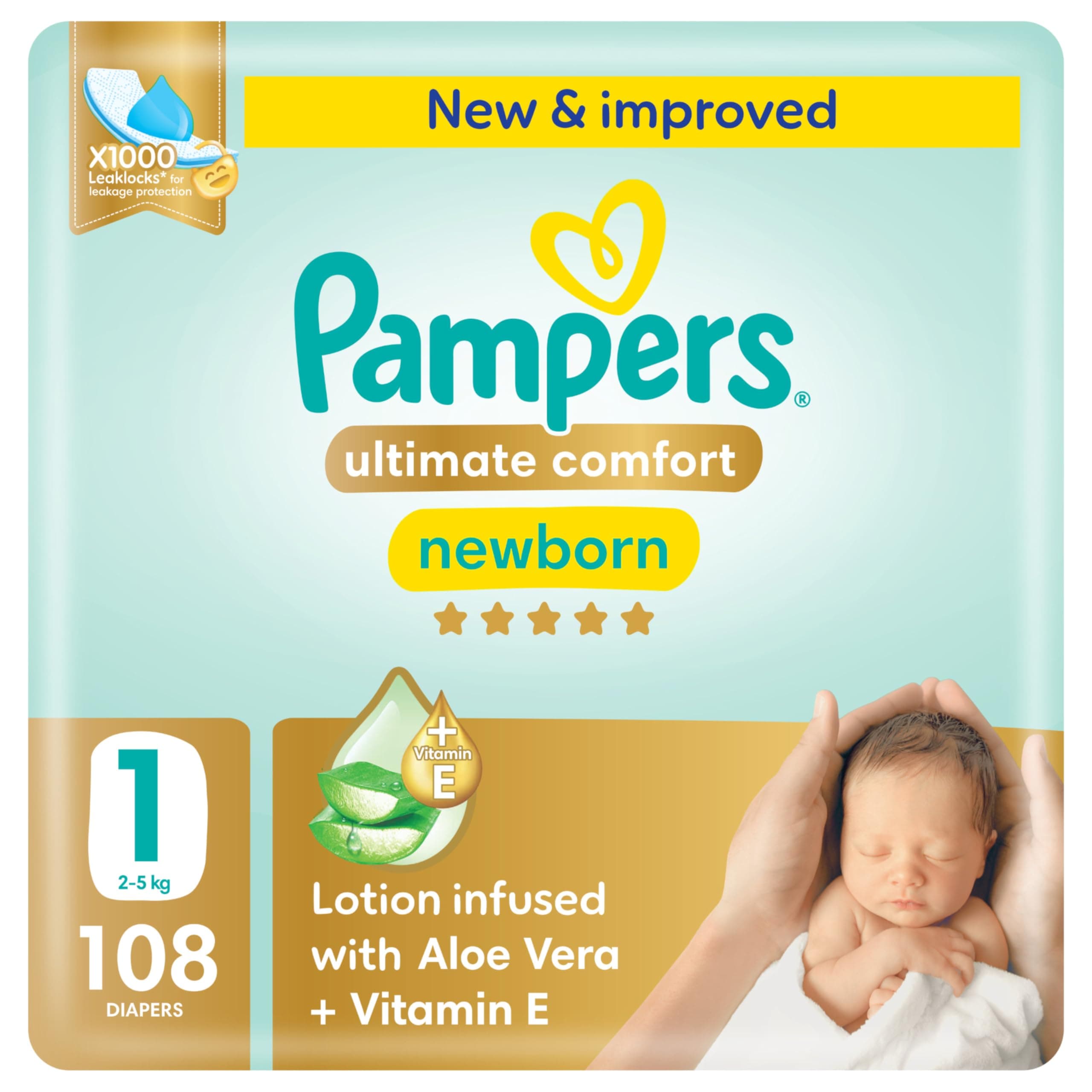 Pampers Ultimate Comfort Taped Diapers, Size 1, 2-5kg, Lotion infused with Aloe Vera and Vitamin E, x1000 Leak Locks Technology for Leakage Protection, Giant Pack, 108 Count