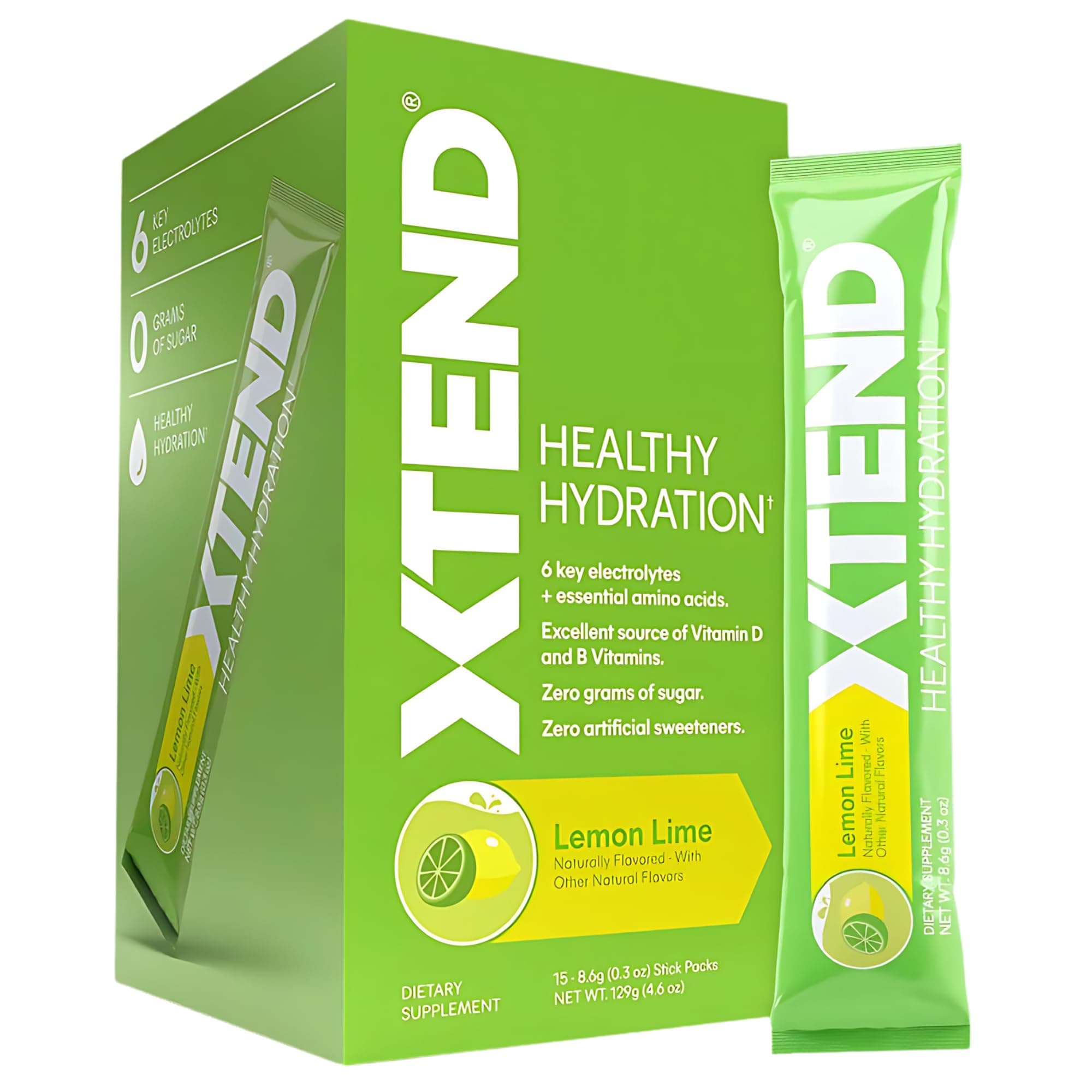 XtendHealthy Hydration Zero Sugar Superior Hydration with 6 Key Electrolytes and Essential Amino Acids NSF Certified for Sport Lemon Lime Flavor, 8.6 Grams, 15 Sticks