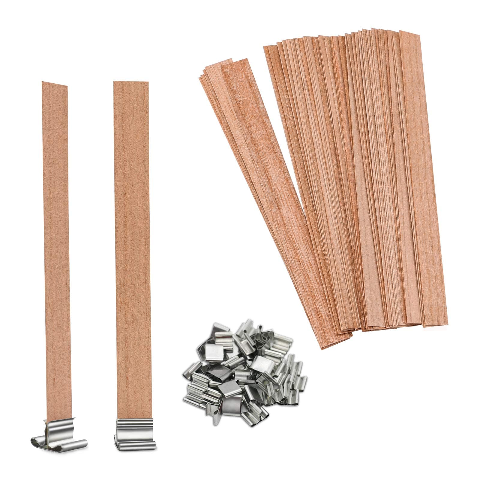 Chrider 100 Set Wooden Candle Wicks, 100 PCS 5.1 X 0.5 Inch Candle Wicks with 100 PCS Iron Stands for DIY Candle Making Craft, Smokeless Natural Environmental-Friendly Wood Wicks for Candle Making