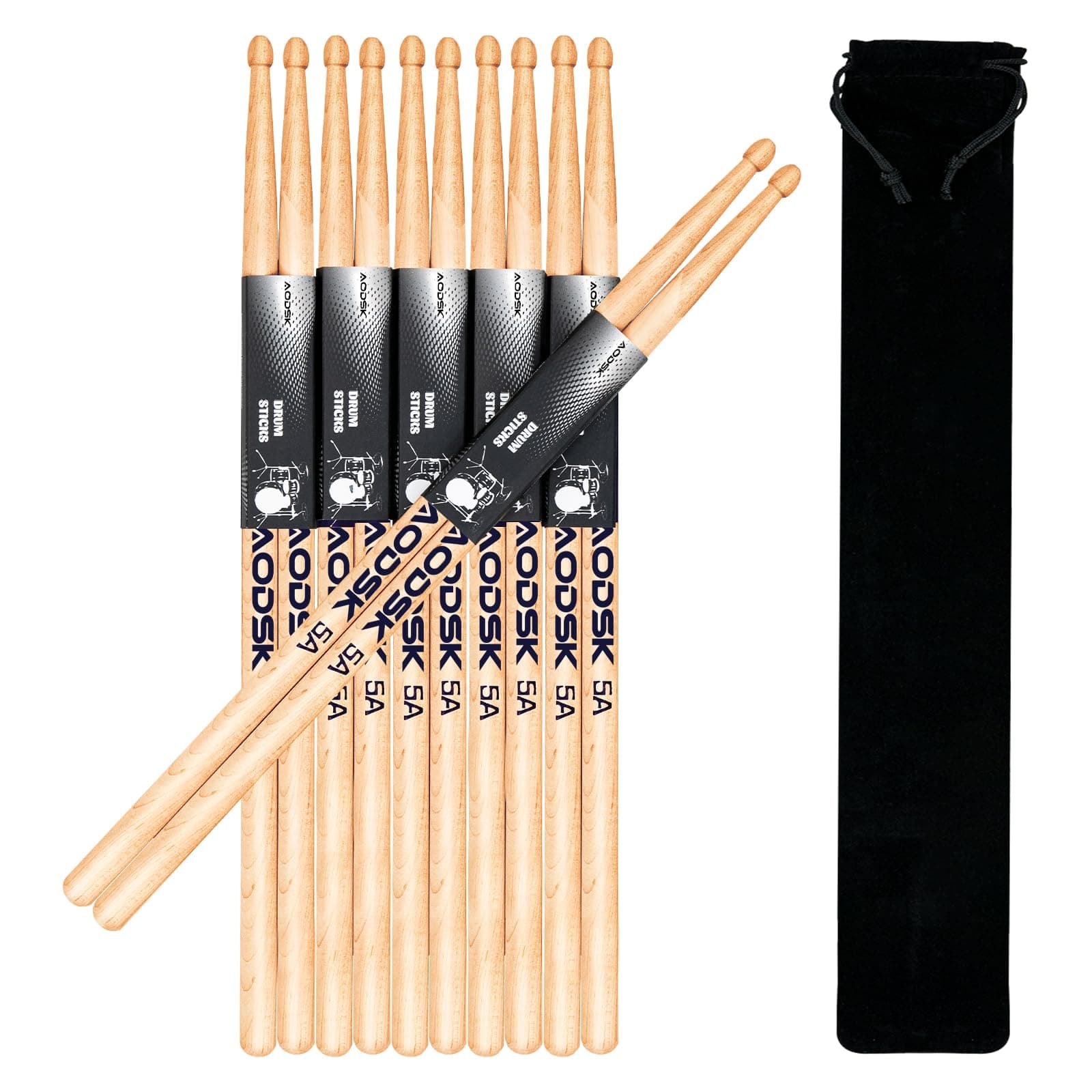 AODSK Drum Sticks 5A Classic America Maple Wood Tear Drop Tip Drumsticks Anti-Slip,Suitable for adults and children with storage Bags-6 Pairs