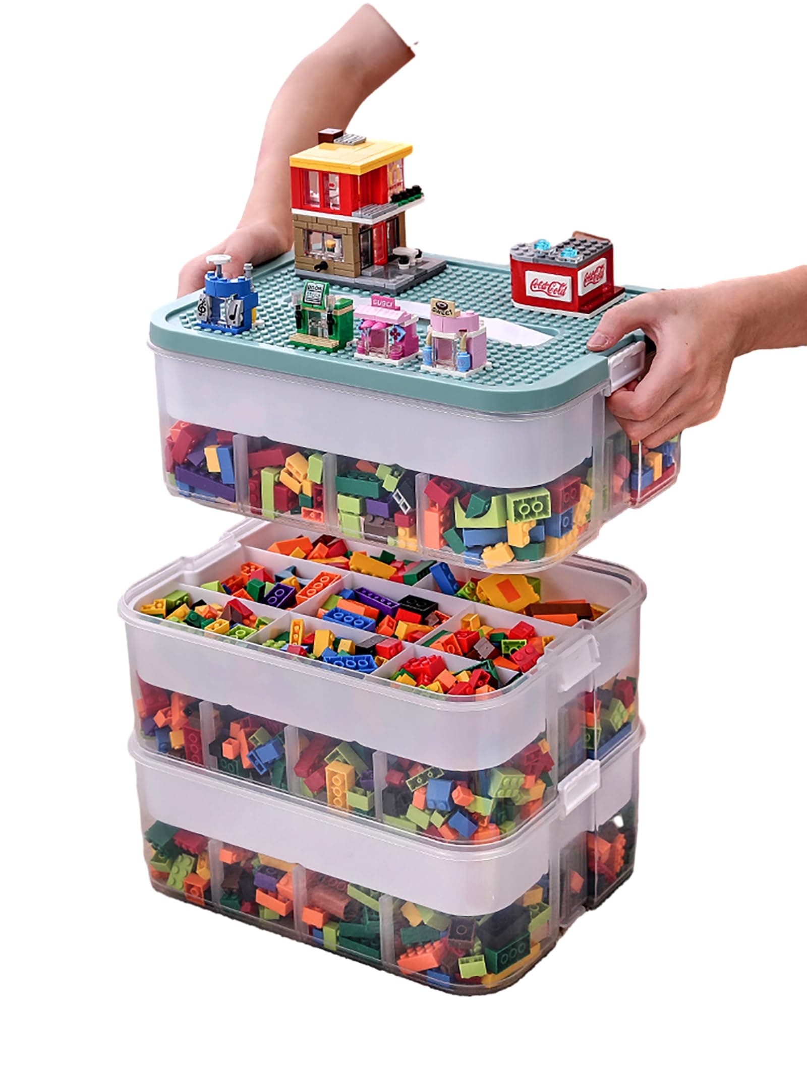 Cube Storage Organizer Bins for Lego Plastic Kids Child Toy Containers with Bricks Baseplate Lids Craft Box 3 Layers Stackable Adjustable Compartments Building Blocks Puzzle Board Game Chest Book Case