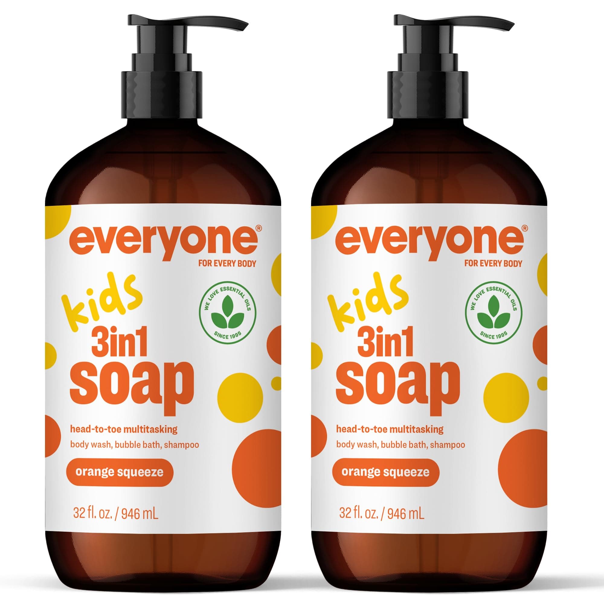 everyone for every body 3-in-1 Kids Soap, Wash, Bubble Bath, Shampoo, 32 Ounce (Pack of 2), Orange Squeeze, Coconut Cleanser with Organic Plant Extracts and Pure Essential Oils (Packaging May Vary)