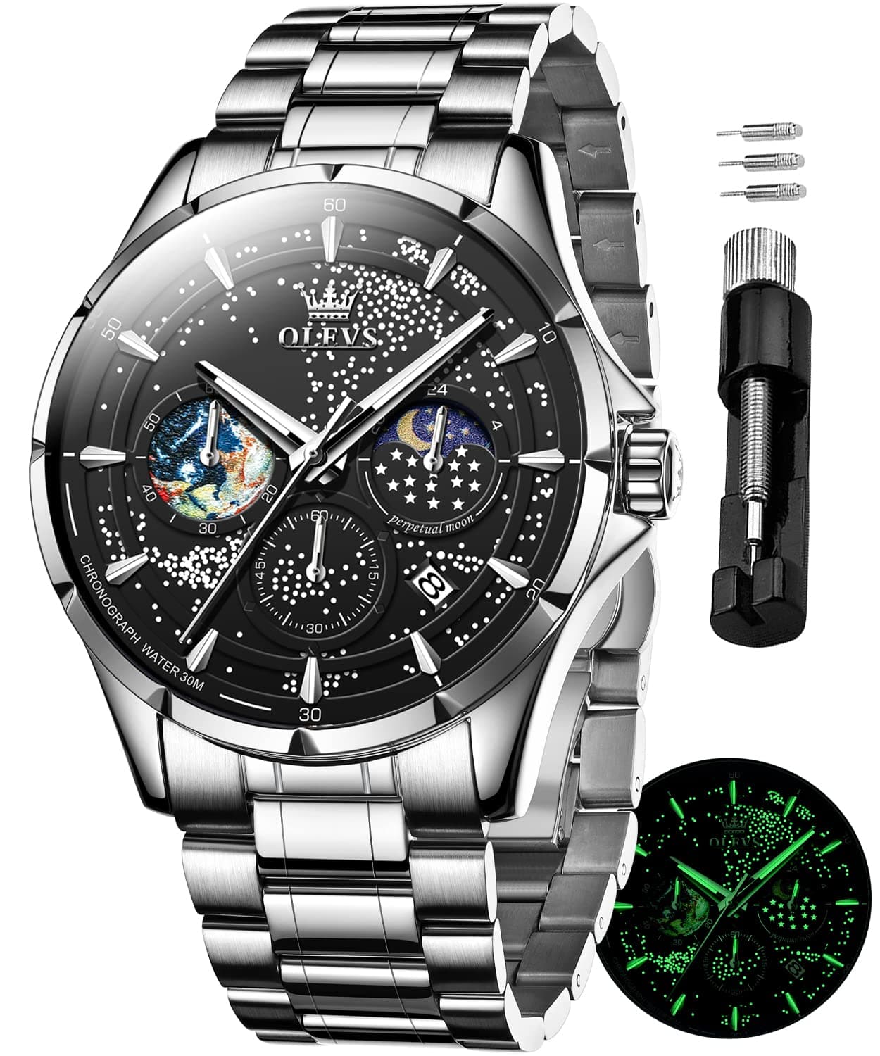 - Mens Watches Starry Sky Moon Phase Dial Luxury Business Dress Analog Quartz Classic Casual Date Wrist Watches Waterproof Luminous