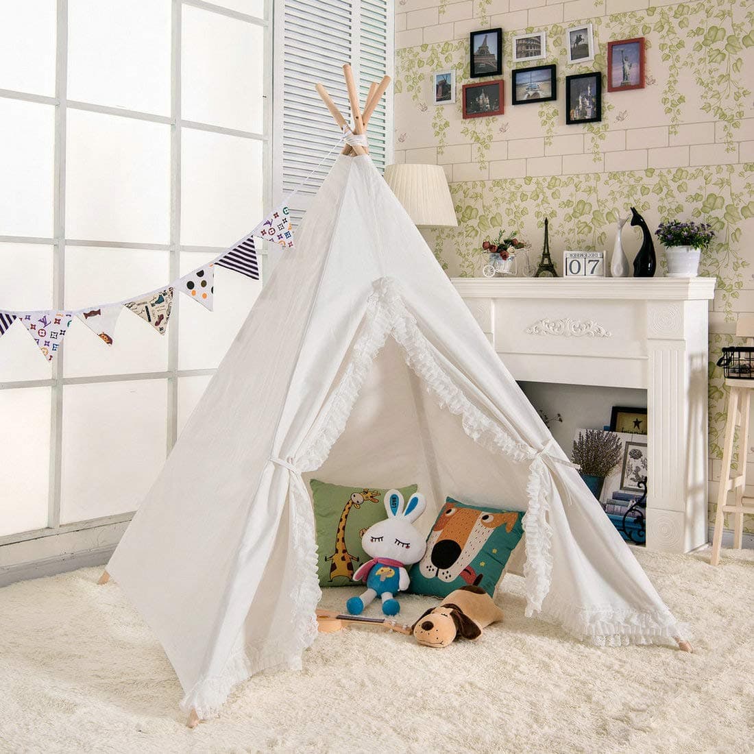 6' Giant Canvas Kids Play Teepee Children Tipi Anti-Collapse Play Tent - White with Lace Edge