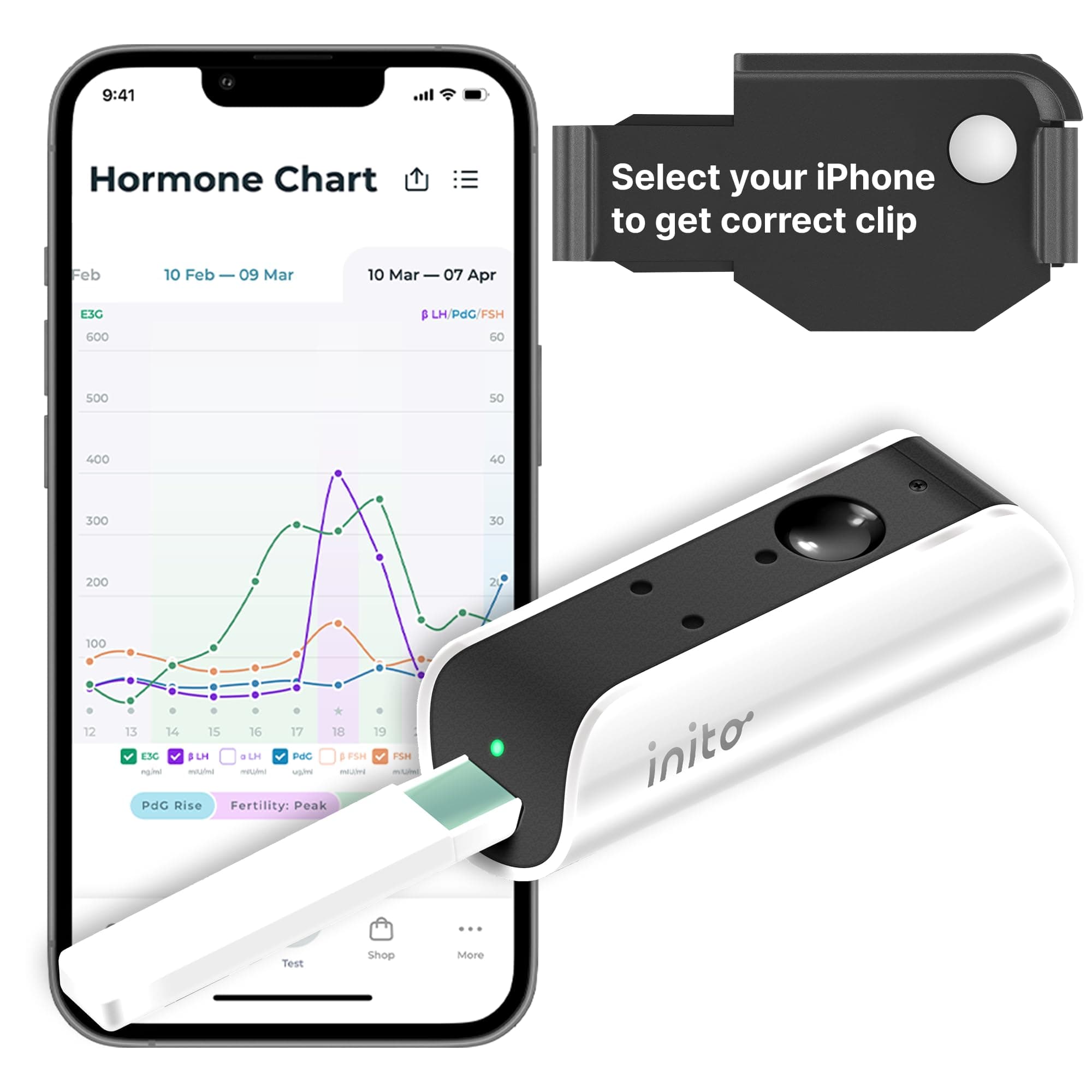 Inito Fertility Monitor & Hormone Tracker for Women | Estrogen, LH, PdG (urine metabolite of progesterone), FSH | Track and Confirm Ovulation | Includes 15 Strips (Compatible with iPhone 7/8 / SE2020)