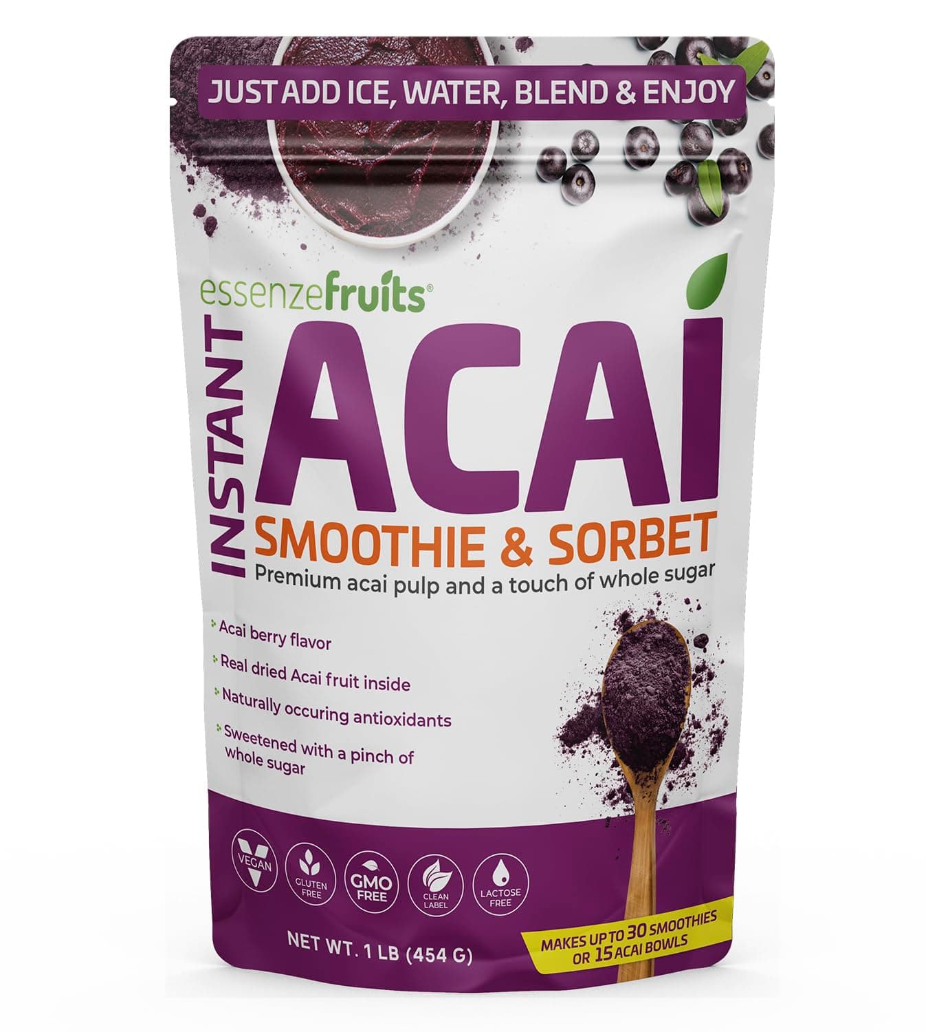 Instant Acai Powder with Whole Sugar - Designed to blend with Bananas for Smoothies & Acai Bowls, Freeze Dried Brazilian Superberry, Non GMO, Vegan, Gluten Free Superfood (1lb/454g)