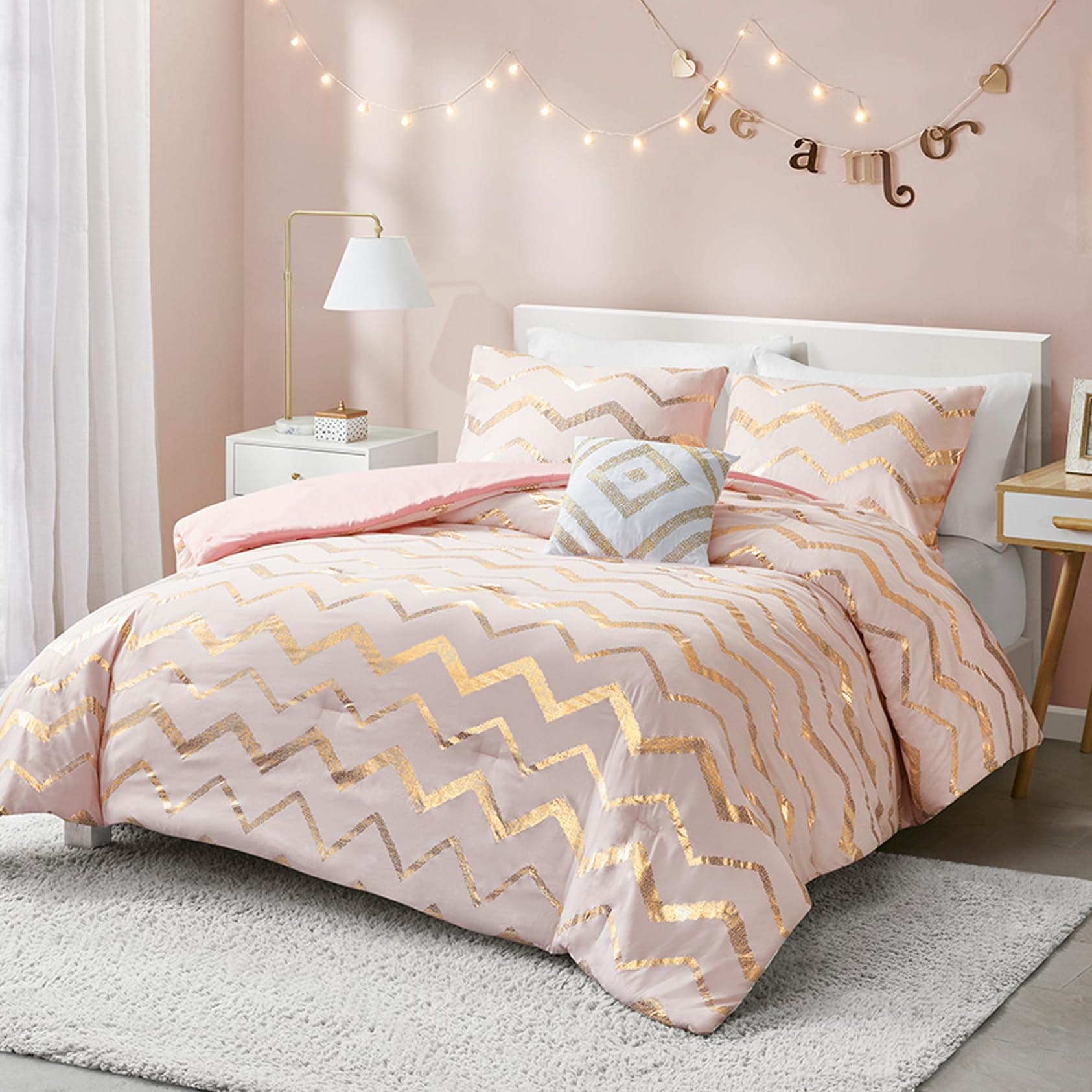 Codi Teen Girl Bedding, Comfy Girls Comforter Sets Full & Queen Size for Kids Bedroom, Pink and Gold, 4 Piece for Teenagers - All Seasons Warm