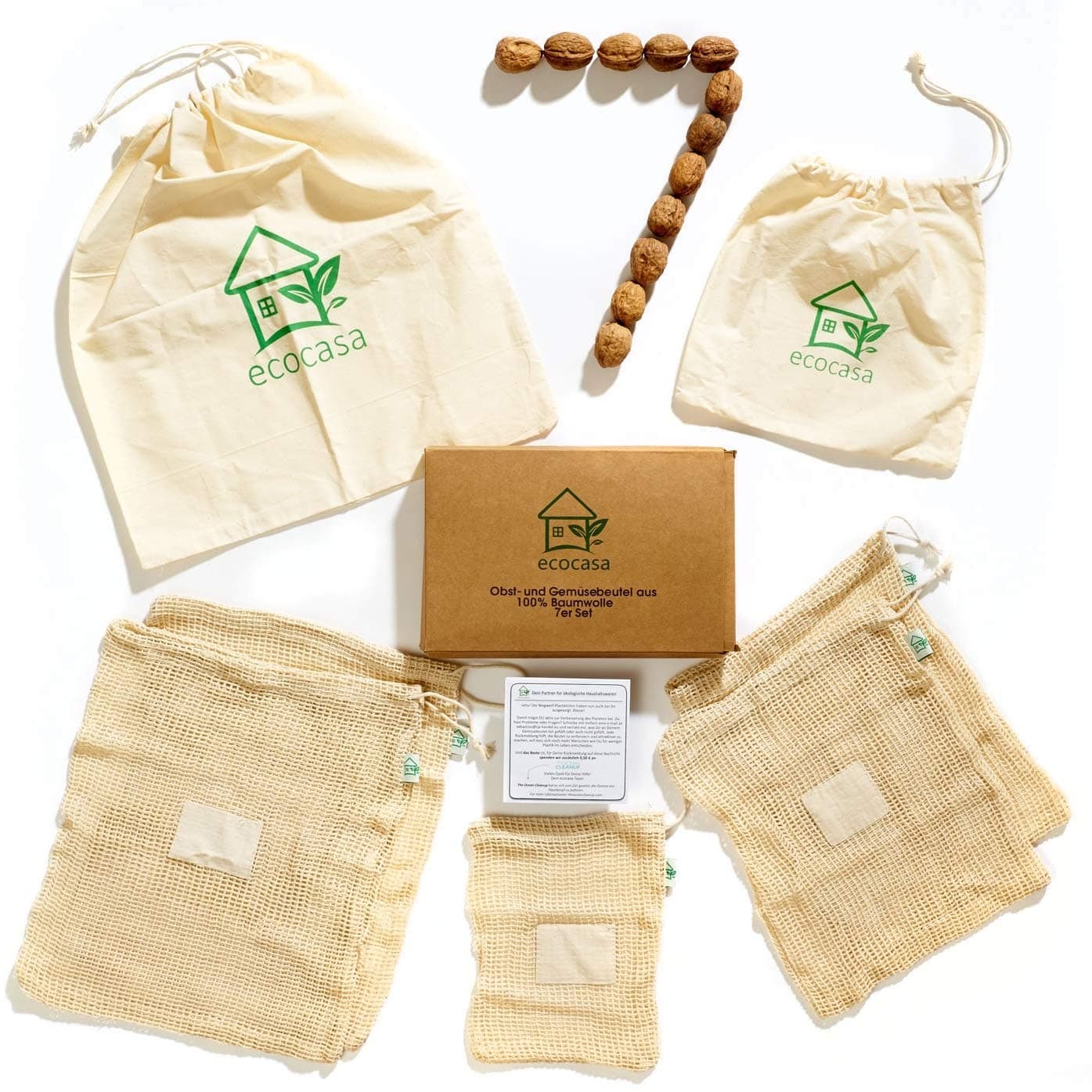 ecocasa Reusable produce bags for fruit and vegetable storage – made of natural cotton – no plastic – shopper mesh SET of 7 – 1x S, 2x M, 2x L, 2x drawstring bag