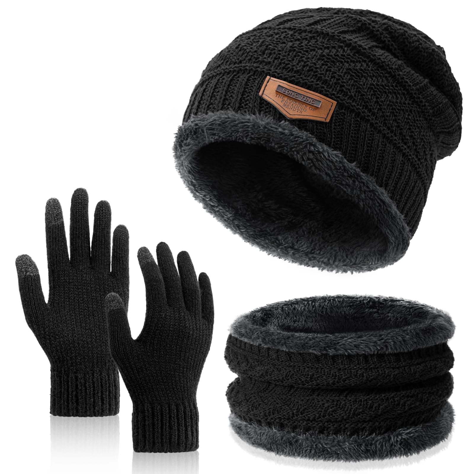 Winter Beanie Hat Circle Scarves Touchscreen Gloves Set, Warm Thick Fleece Lined Skull Cap Gloves Neck Warmer for Women Men