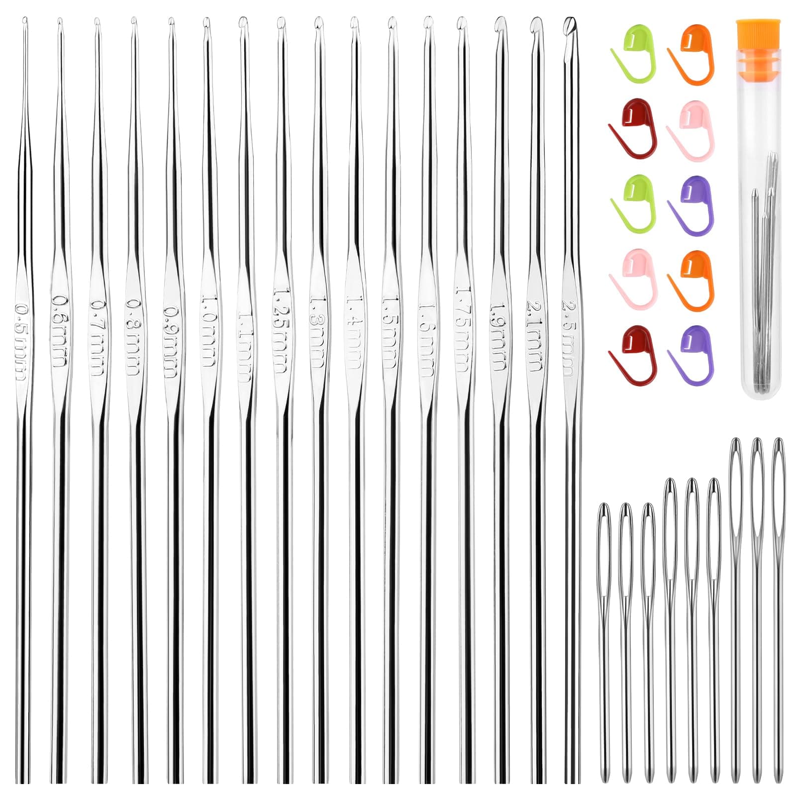 MORFEN 16 Pcs Lace Crochet Hooks Set, 0.5mm-2.5mm Small Crochet Hooks, Crochet Needles for Crocheting Yarn, Knitting Needles Set with Large-Eye Blunt Needles Stitch Markers