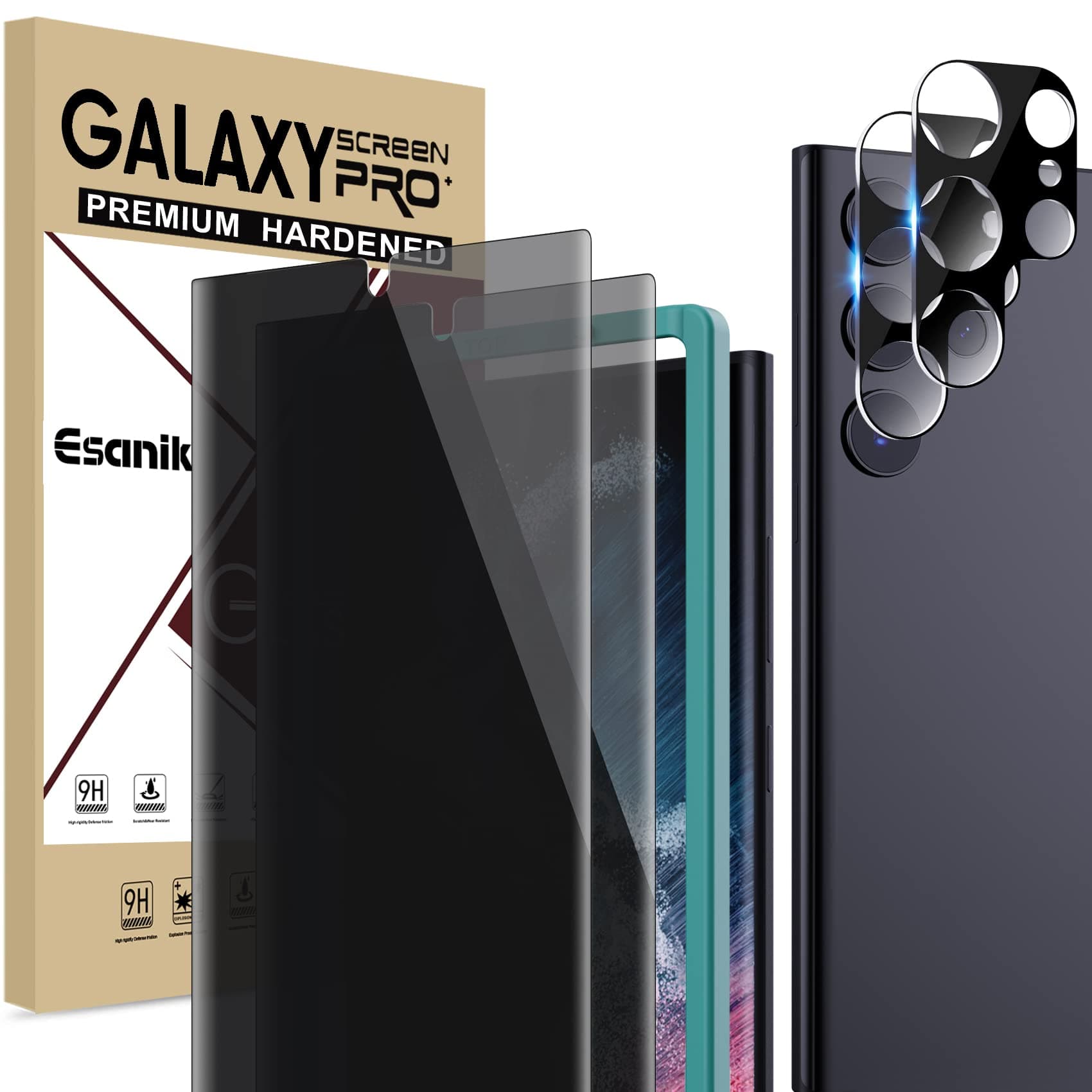 Esanik Privacy Screen for Samsung Galaxy S22 Ultra 5G 6.8 Inch (2+2 Pieces), 2 x PET Privacy Screen Protectors + 2 x Camera Protection, 7H Anti-Spy Privacy Screen Protector