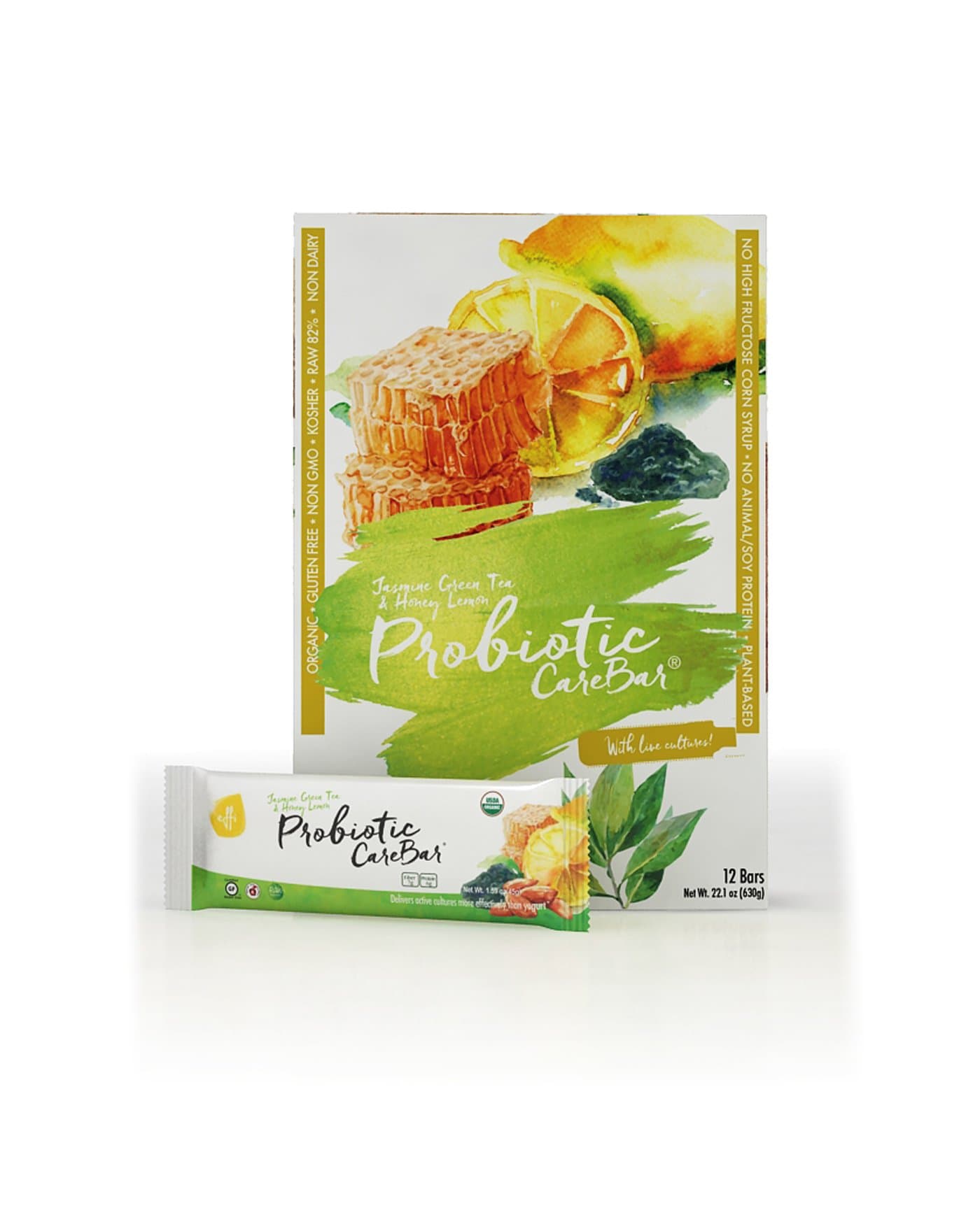 Probiotic CareBar, Green Tea Nutrition Bar with Live Cultures. 100% Organic Fruit & Nut-Based Energy Snack with Chia Seeds & Spirulina. Fiber+Protein + Superfood, Gluten Free, Vegan 1.59 OZ 12-Pack