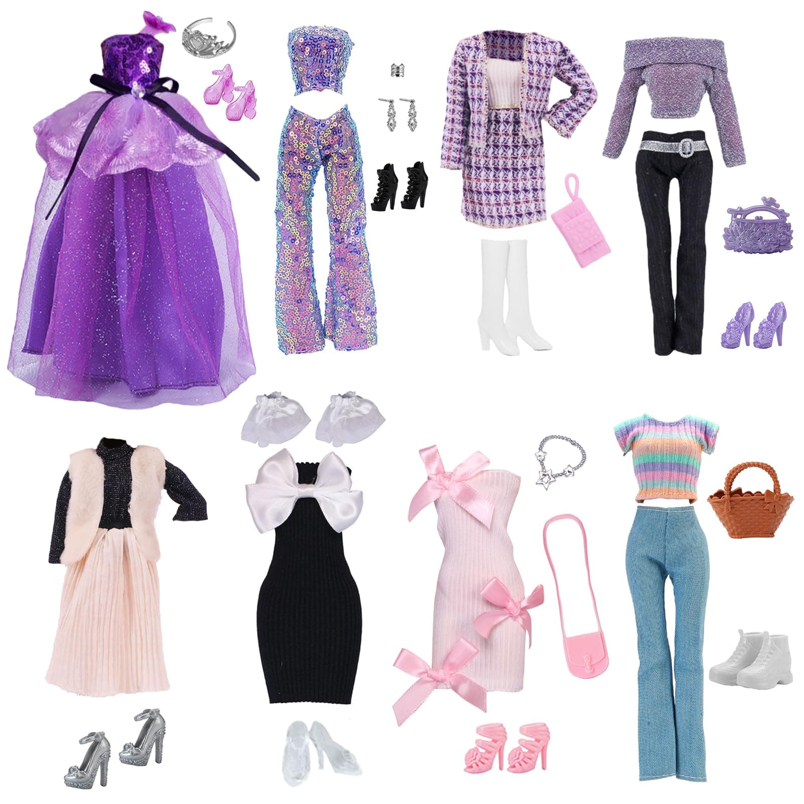34 Pcs Clothes and Accessories Compatible with 11.5 Inch Barbie Dolls, 8 Set Doll Clothes and Fashion Packs, 1 Princess Dress 1 Ballet Skirt 3 Elegant Skirts 7 Tops 3 Pants 8 Shoes 5 Bags 1 Crown