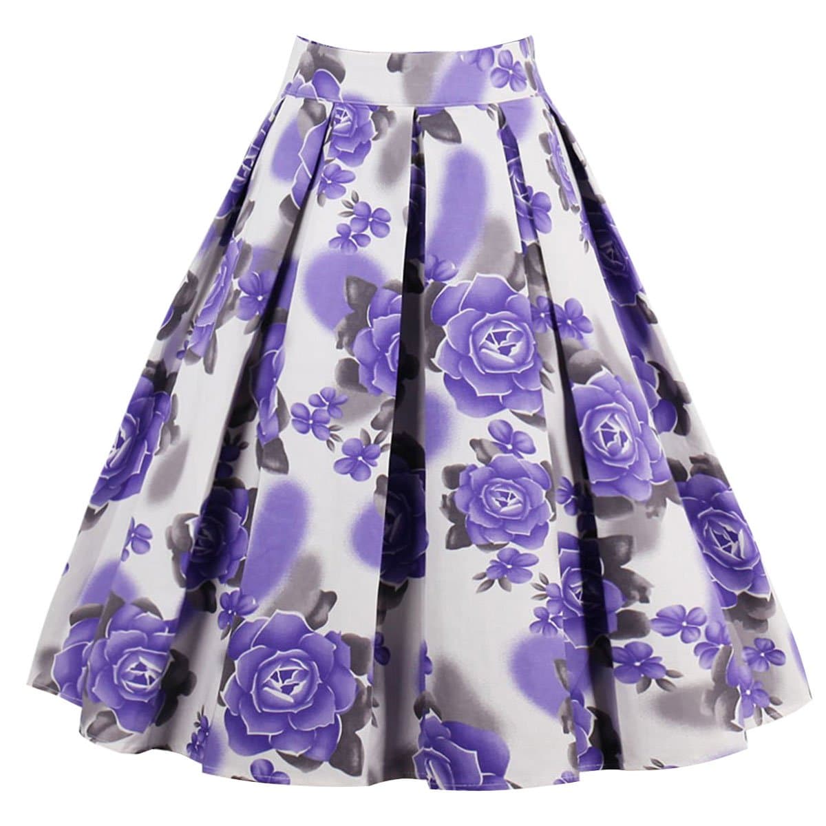 Girstunm Women's Pleated Vintage Skirt Floral Print A-line Midi Skirts with Pockets Purple-Flowers M