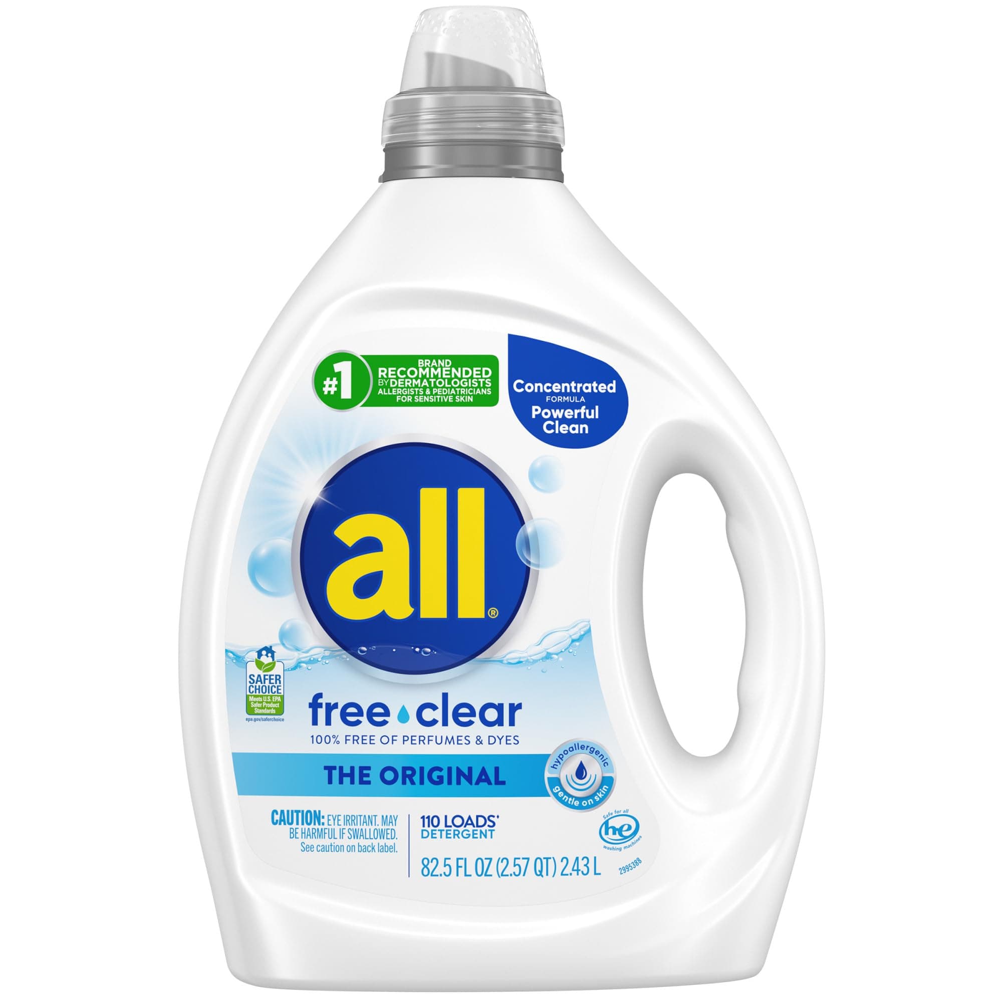 all Liquid Laundry Detergent, Clear for Sensitive Skin, 2X Concentrated, 110 Loads