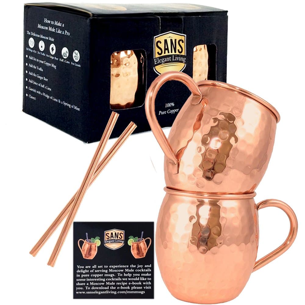 Moscow Mule Copper Mugs Set of 2 Mugs (16 Oz. Each) and 2 Copper Straws from SANS Elegant Living - Handmade100% Solid Copper with Hammered Barrel Finish | Made in India