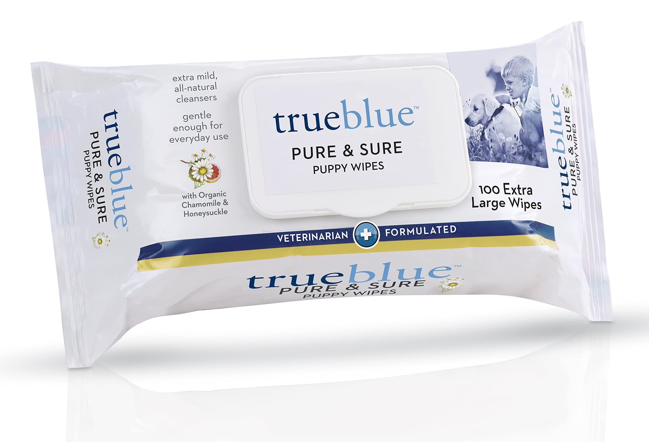 TrueBlueChamomile & Honeysuckle Pure & Sure Puppy Wipes – Pre-Moistened Puppy Pads for Cleaning Dirty Paws, Coats, Dog Hair – Extra Large – 8”x7” – 100 Count