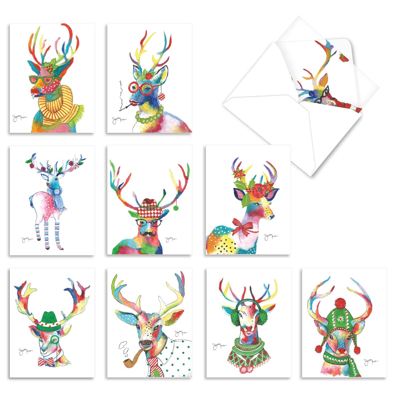 The Best Card CompanyVariety Pack of 10 Christmas Greeting Cards with Envelopes, Humor Holiday Assortment for Men and Women (10 Designs, 1 Each) - Fancy Reindeer AM6751XSG-B1x10
