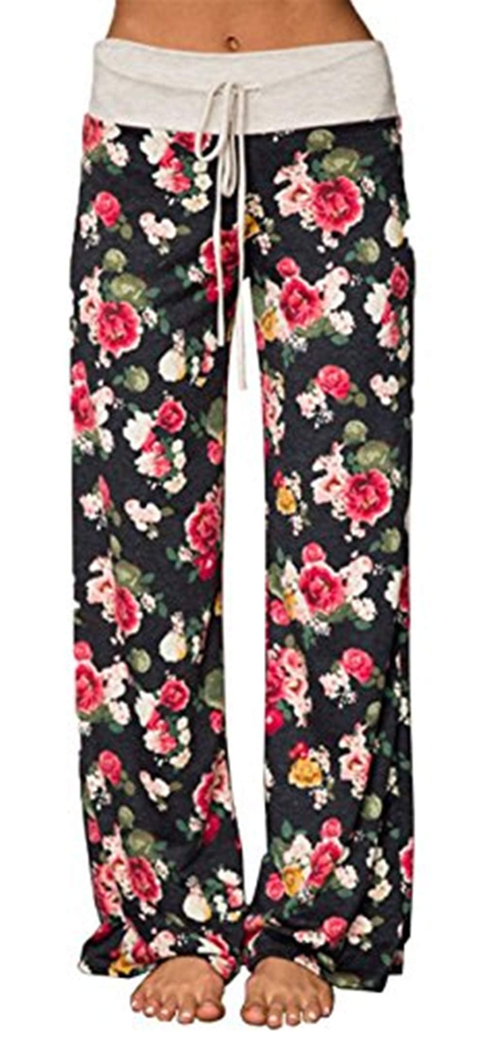 X-Image Women's Comfy Pajamas Drawstring Stretch Floral Print Long Wide Leg Lounge Pants