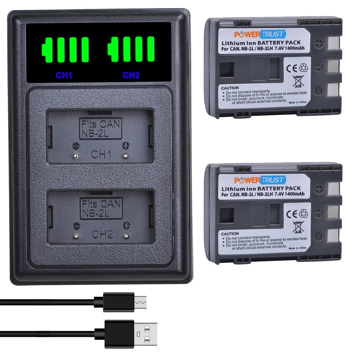 PowerTrust 1400 mAh NB-2L NB-2LH Battery + NB 2L Charger with USB and Type-C Connection for Canon EOS 350D, EOS 400D G7 G9 S30 S40 ZR950 ZR960 HG10 HV4