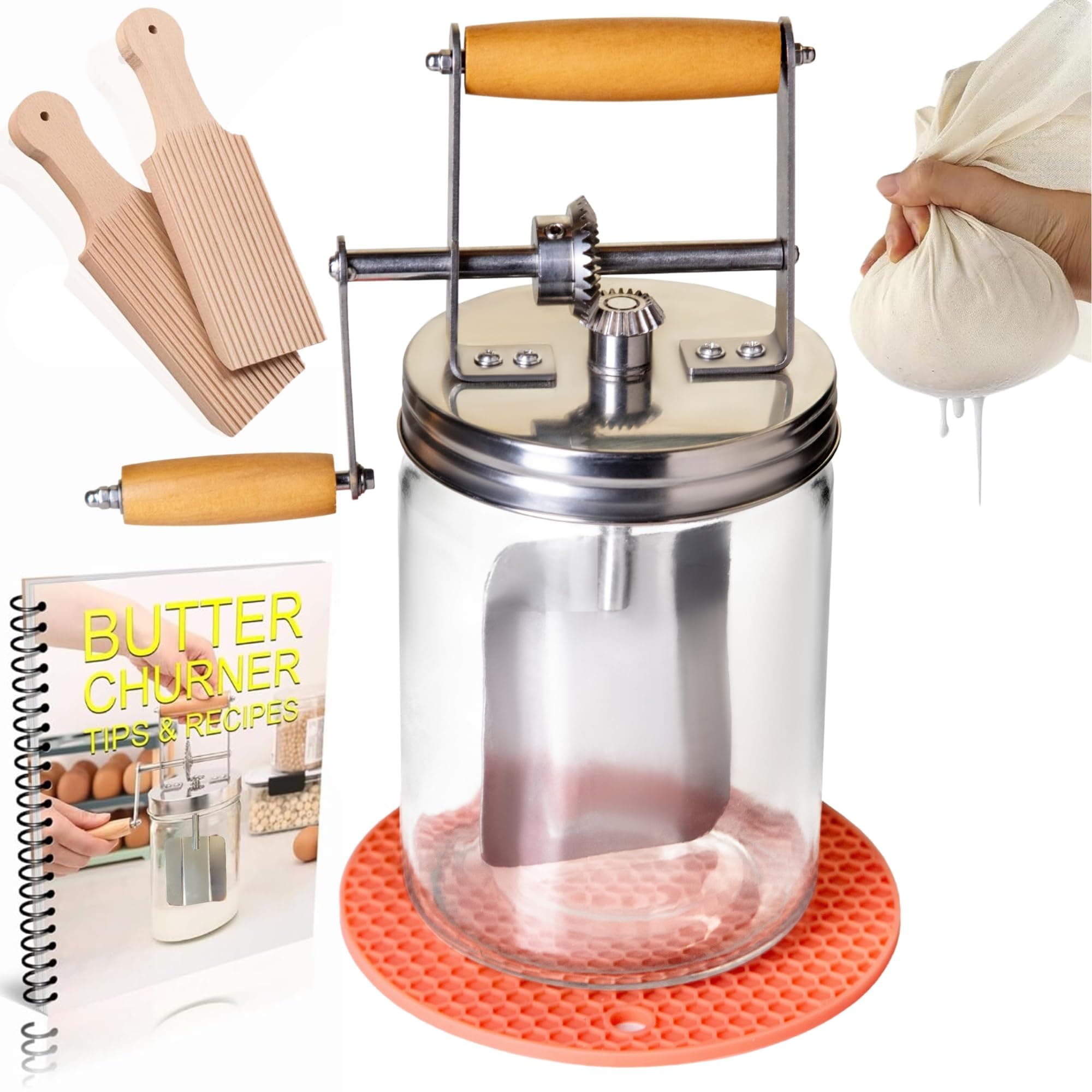 Dazey Butter Churn- Cheese Cloth and Beech Wood BUTTER PADDLES INCLUDED- Hand Crank Butter Churner- Manual Butter Maker- Create Delicious Homemade Butter With Your Own Hand Crank Dazey Butter Churner