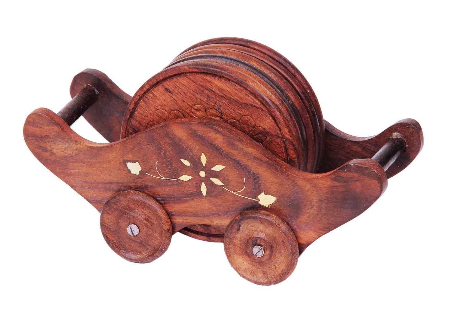 Wooden Miniature Boat Shaped Tea Coaster of 6 Plates Handmade Trolley Cart For Coffee Beer Glasses or Cup (7X4 INCH)