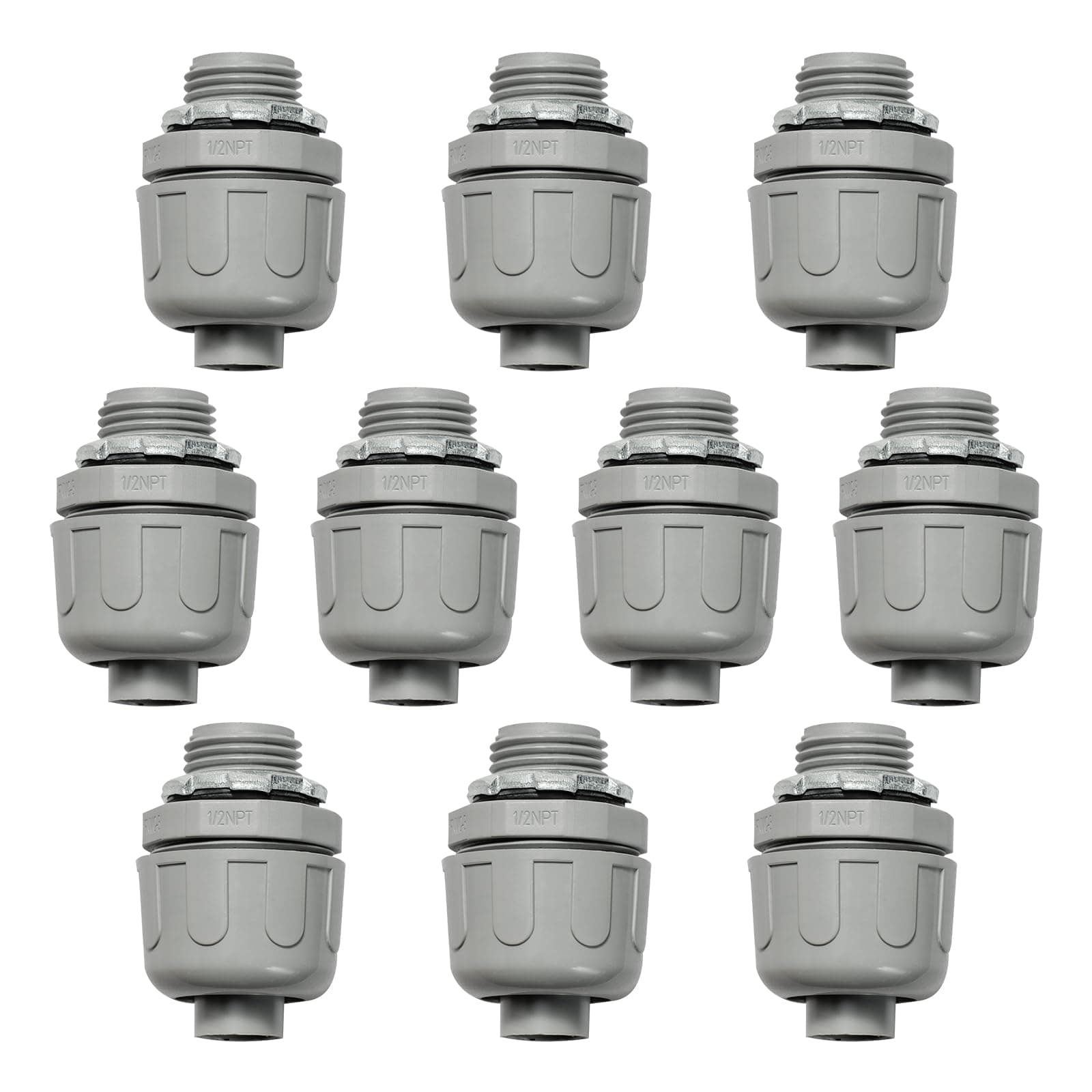 Conduit Connectors, 1/2 Inch Liquid Tight Connector NPT Non-Metallic for PVC Electrical Flexible Conduit Fittings, 180 Degree Straight, UL Listed for Home Outdoor Tubes Tools, Grey (10-Pack)