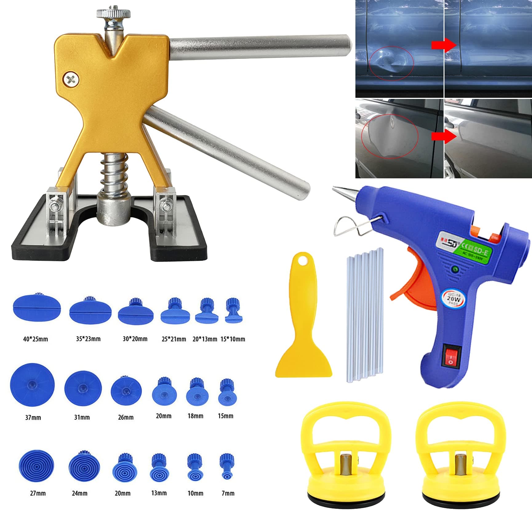 S-SNAIL-OO Car Dent Puller Repair & Remover Tool Set, Paintless Golden Dent Lifter Puller ,for Auto Body Hail Damage and Door Dings Repair ,with 2 pcs Dent Puller Suction Cups (B)