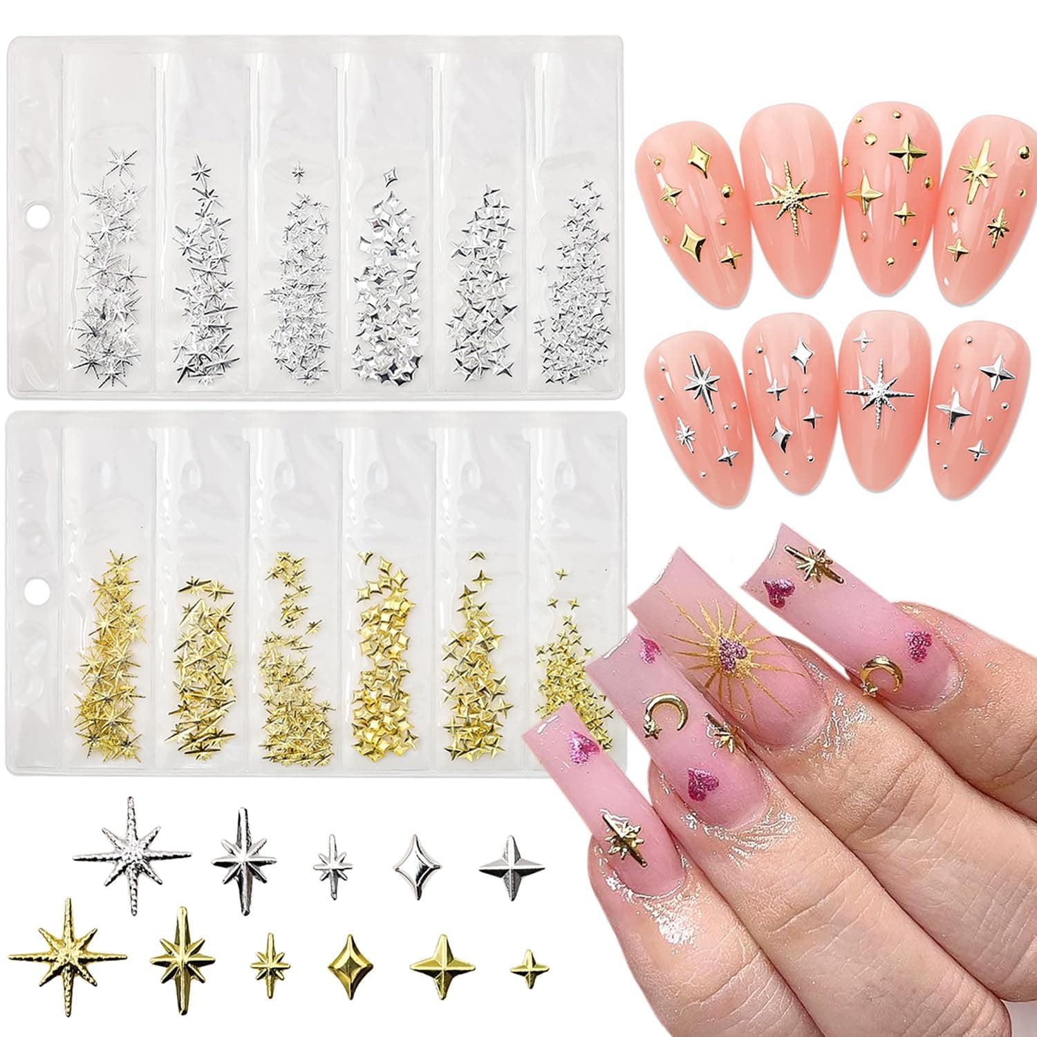 400Pcs Star Nail Charms for Nails Art 3D Gold Silver Star Nail Charms Metallic Studs Rhinestones Stars Nail Jewelry Decorations Manicure Kit Supplies Accessories for Women Acrylic Manicure Salon